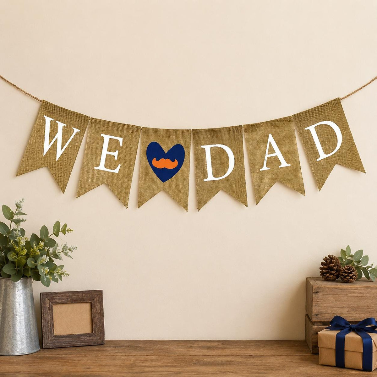 Happy Father's Day Burlap Banner Rustic Pre-Strung We Love Dad Party Decorations