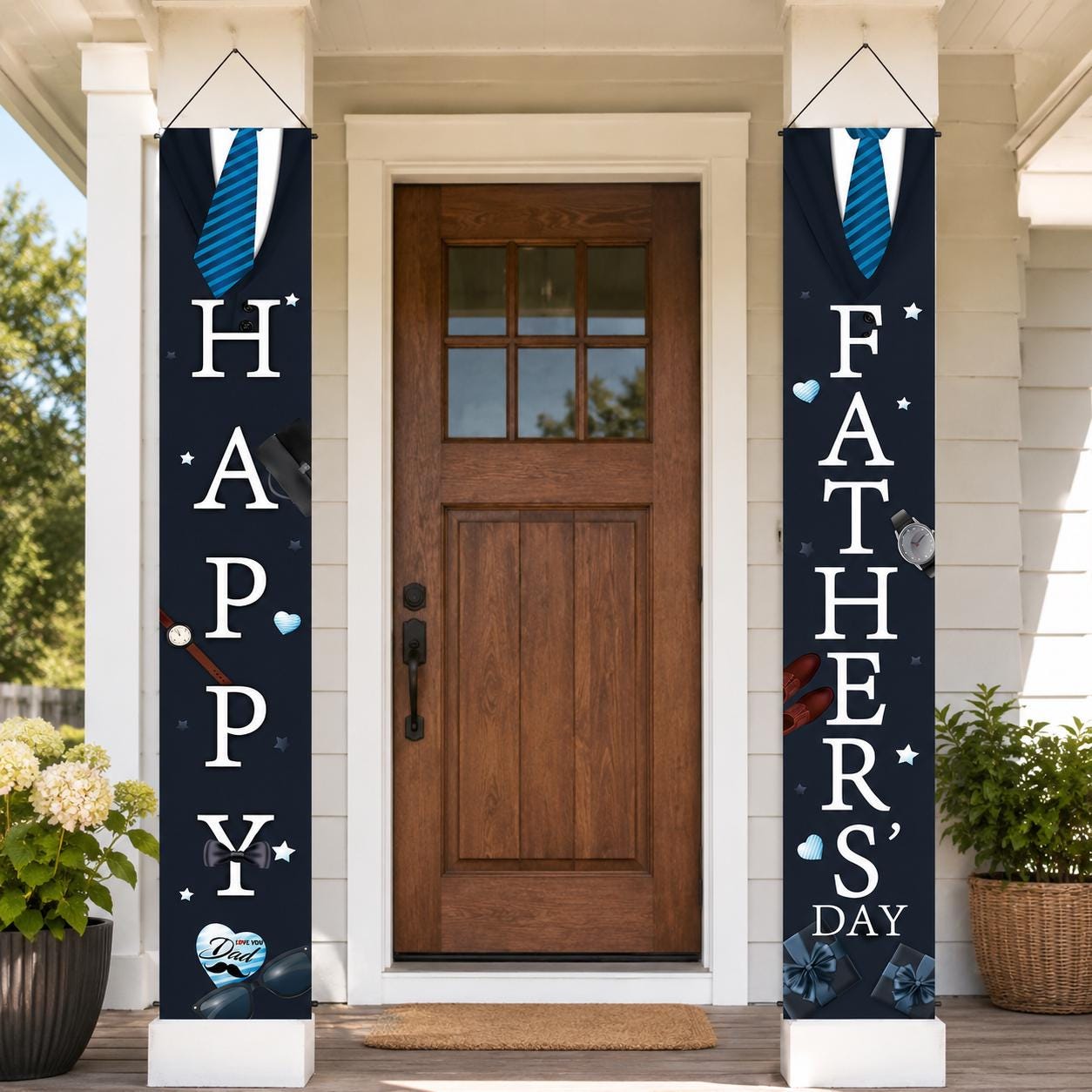 Happy Father's Day Front Door Banner Black Porch Sign Hanging Decorations for Dad