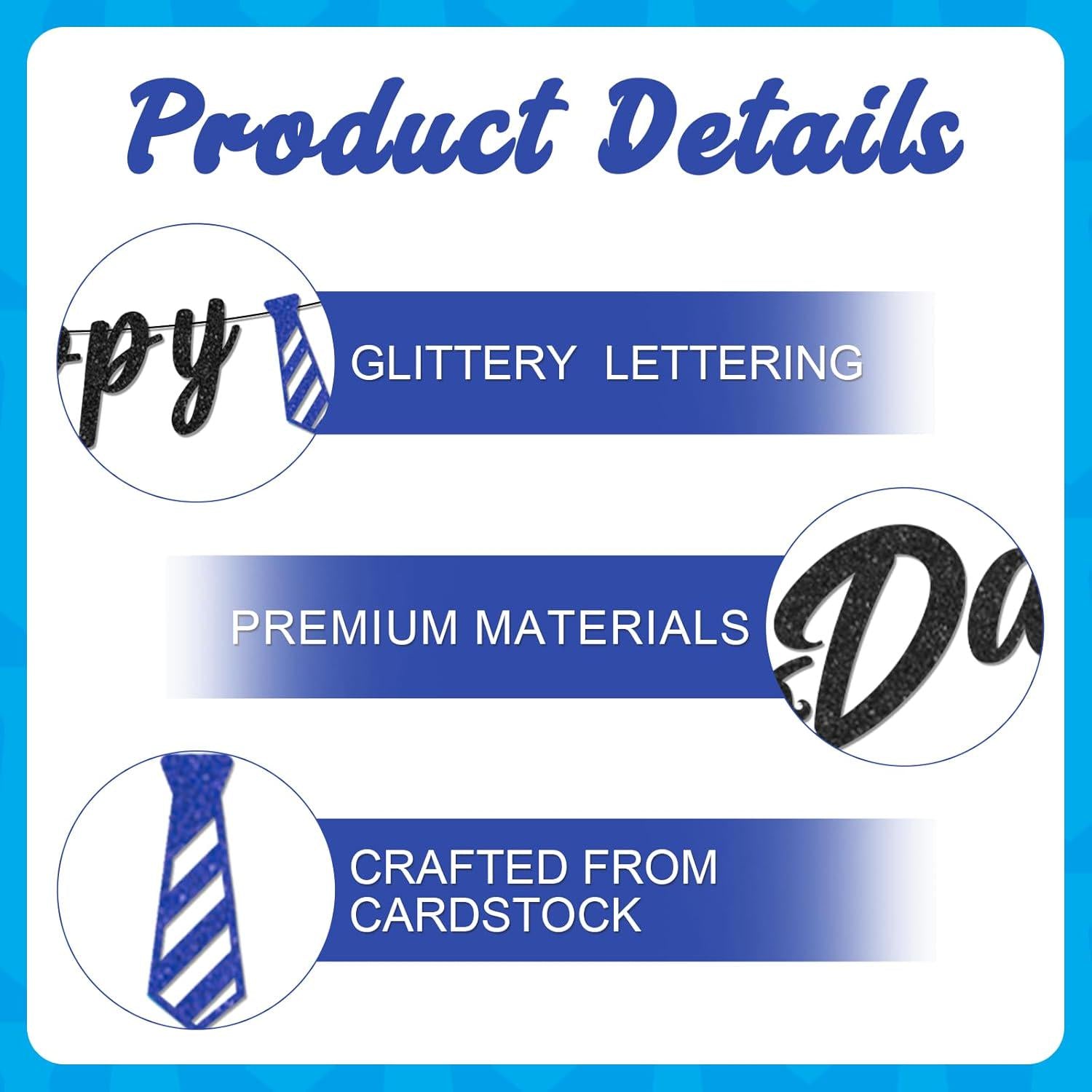 Happy Father's Day Glitter Banner Pre-Strung Black Letter Garland with Blue Tie Decorations