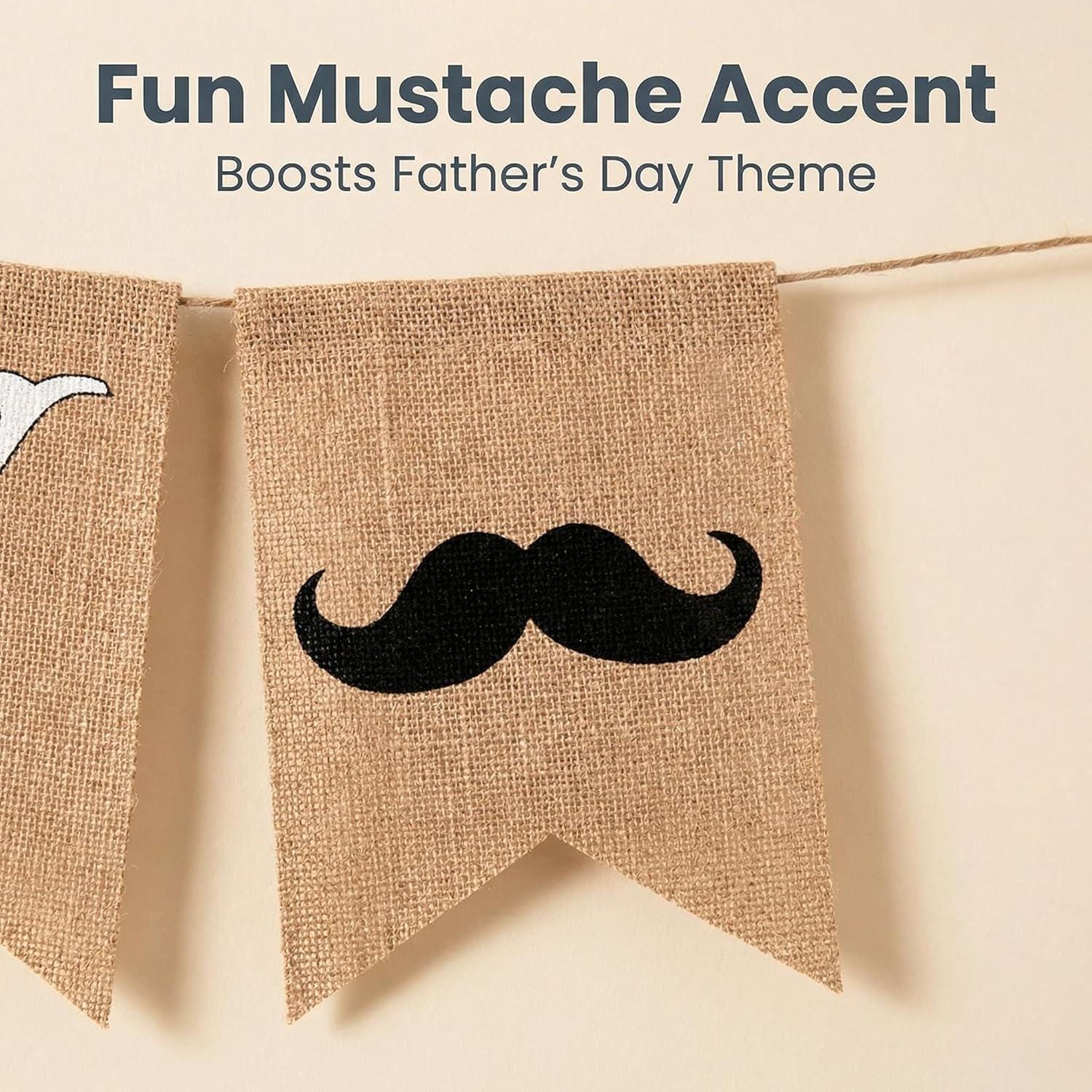 Happy Father's Day Rustic Burlap Banner with Mustache Garland Decorations for Dad Party