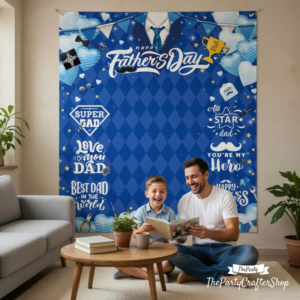 Happy Father's Day Backdrop Banner Blue Tie Photo Booth Background Party Decorations for Dad