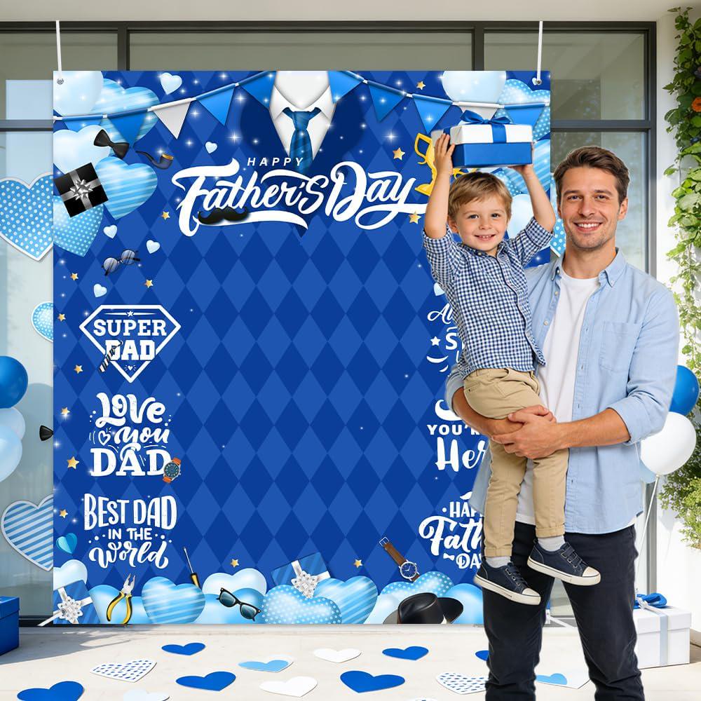 Happy Father's Day Backdrop Banner Blue Tie Photo Booth Background Party Decorations for Dad