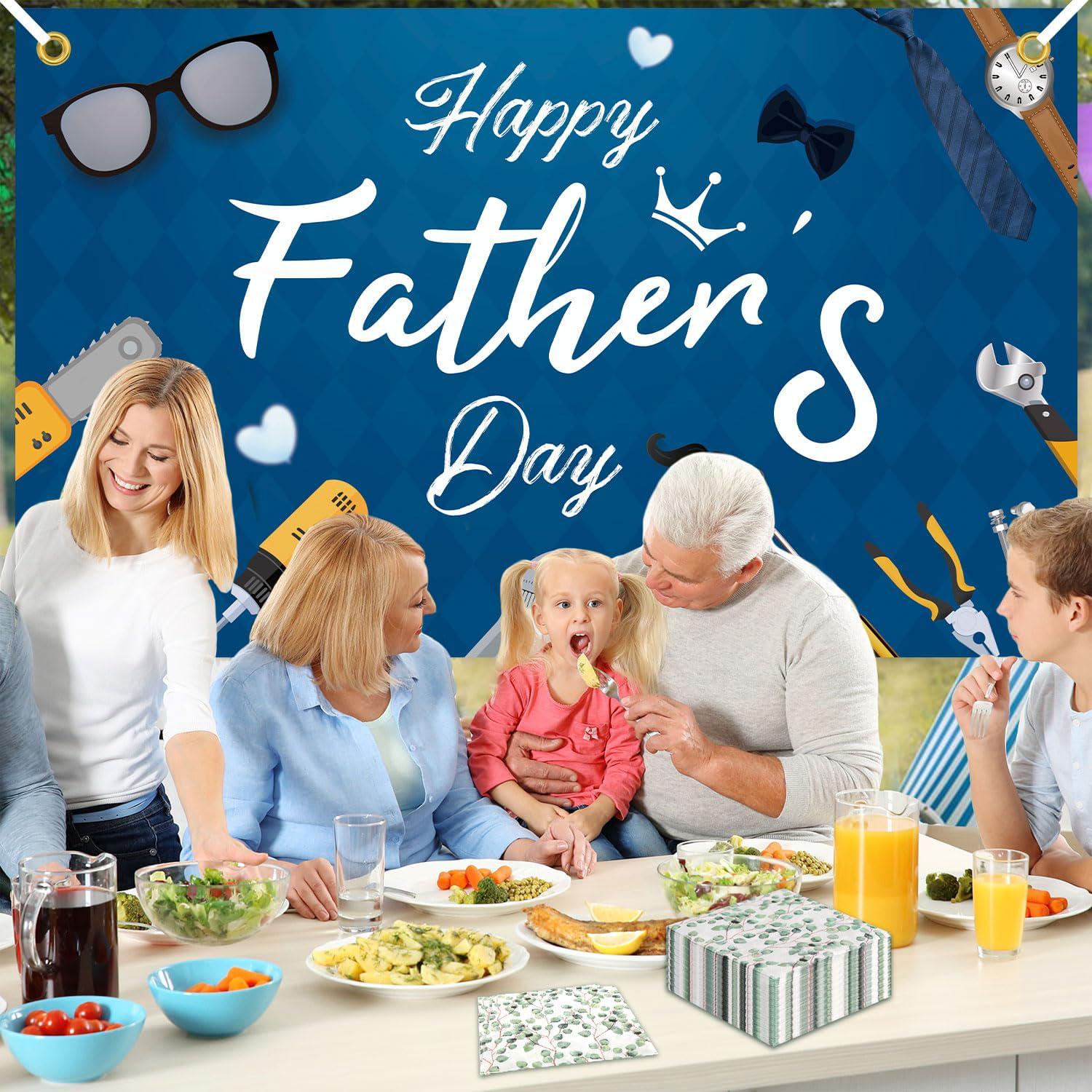 Happy Father's Day Backdrop Banner 5.9x3.6FT Light Blue Photo Booth Party Decorations