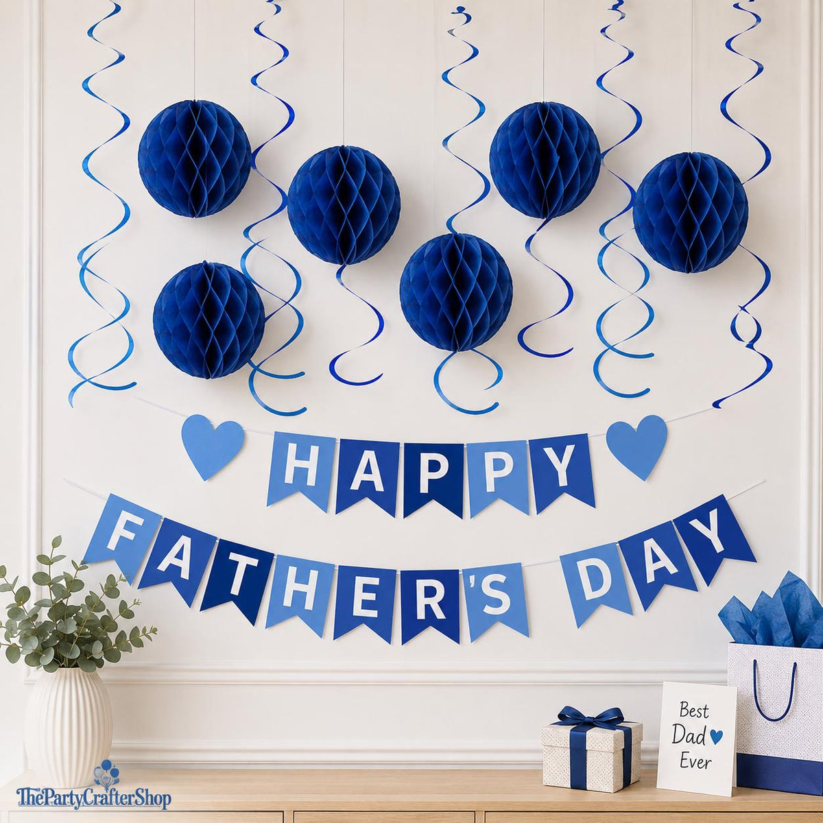Happy Father's Day Party Decoration Kit Banner Honeycomb Balls Hanging Swirls Blue Heart Theme
