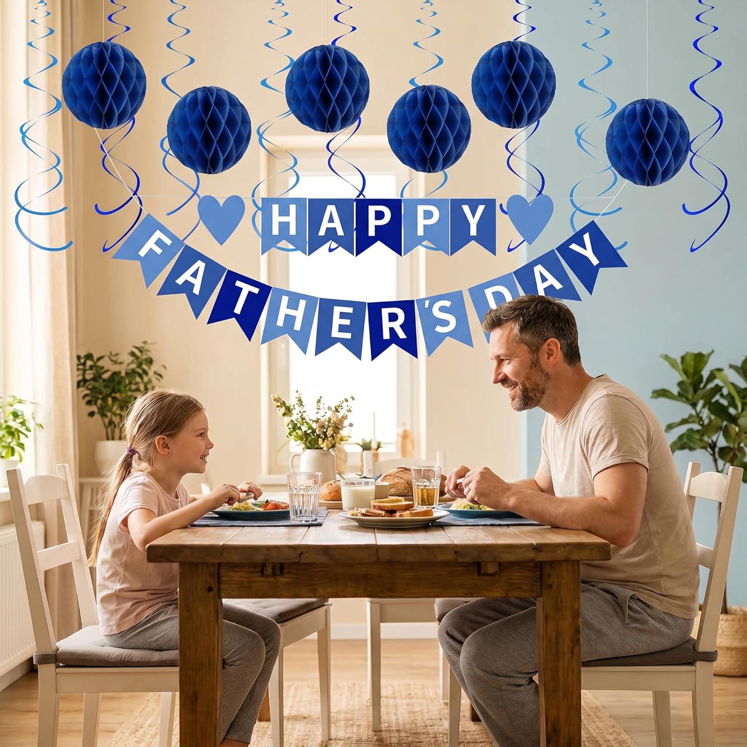 Happy Father's Day Party Decoration Kit Banner Honeycomb Balls Hanging Swirls Blue Heart Theme