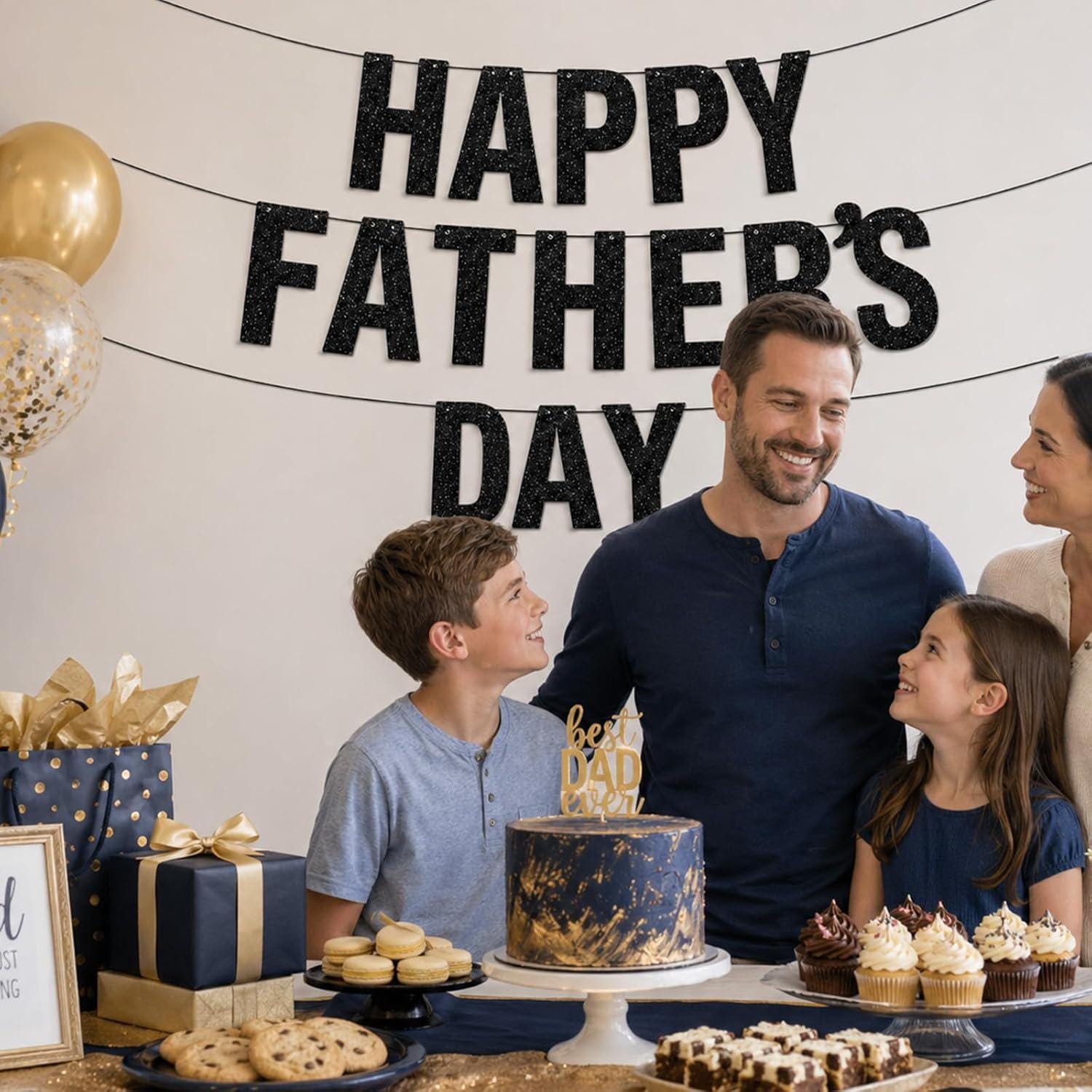 Happy Father's Day Black Glitter Script Banner Garland Photo Booth Party Decorations