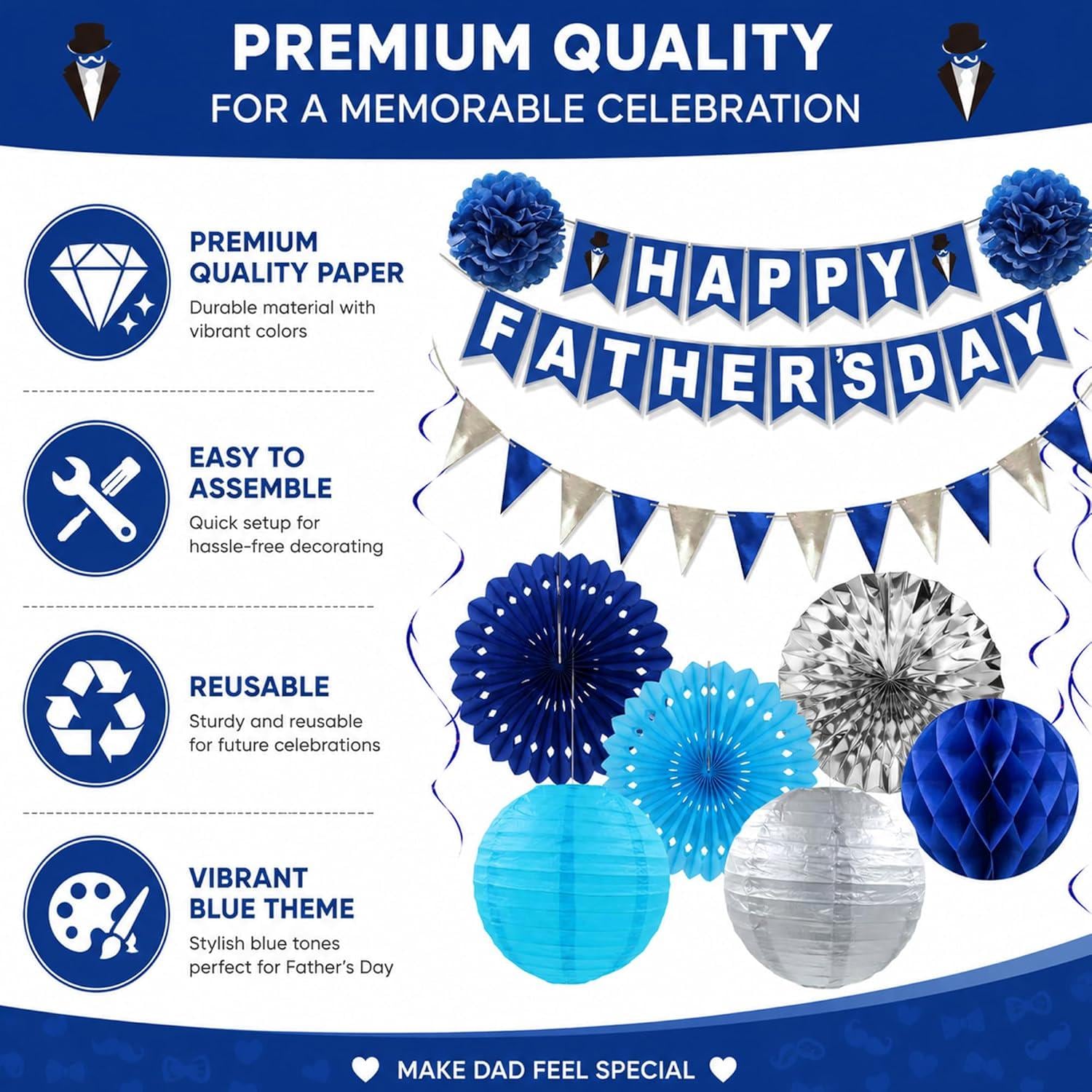 17PCS Father's Day Decorations Set Blue Silver Banner Paper Fans Hanging Swirls Party Supplies