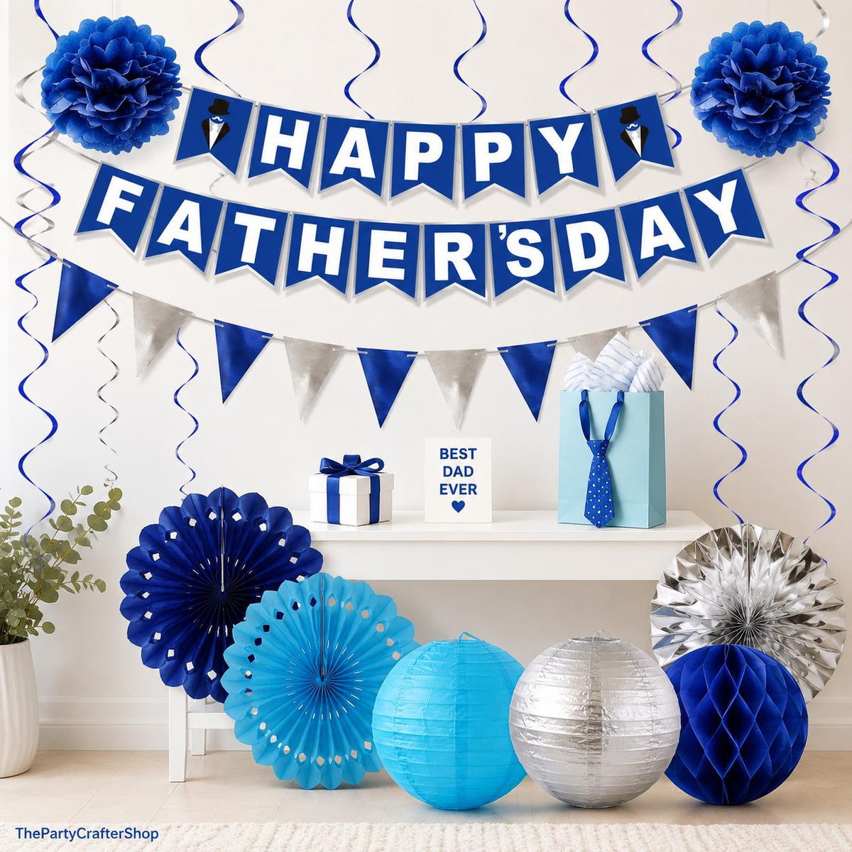 17PCS Father's Day Decorations Set Blue Silver Banner Paper Fans Hanging Swirls Party Supplies