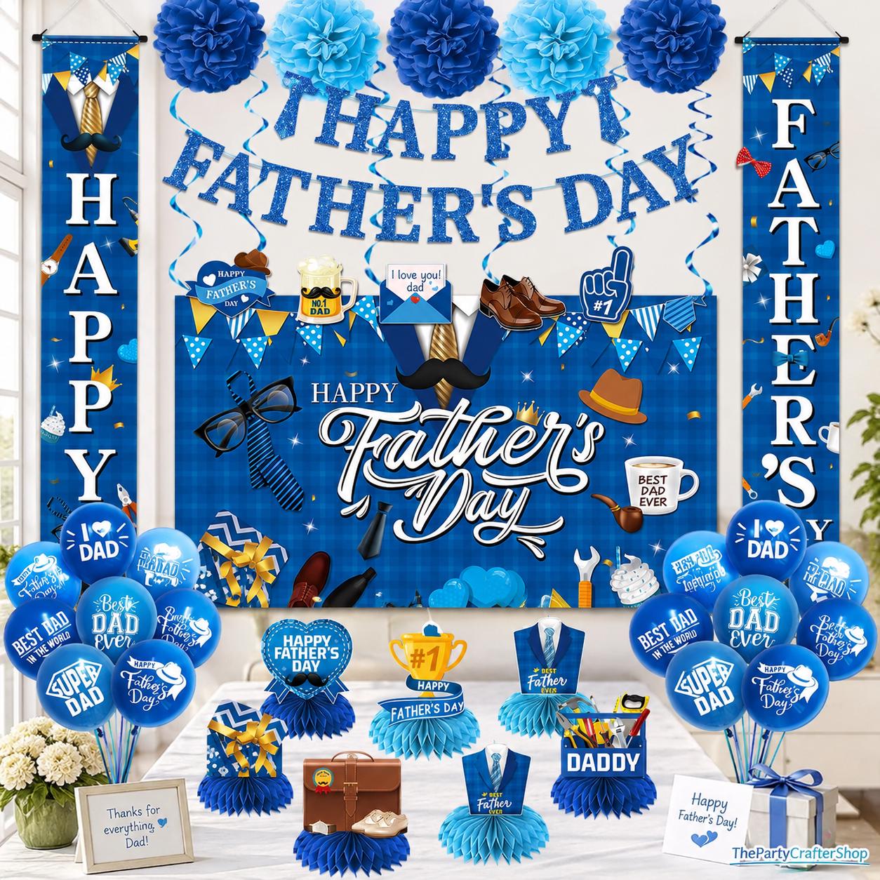 Happy Father's Day Decorations Set Banner Backdrop Balloons Hanging Swirls & Paper Pompoms