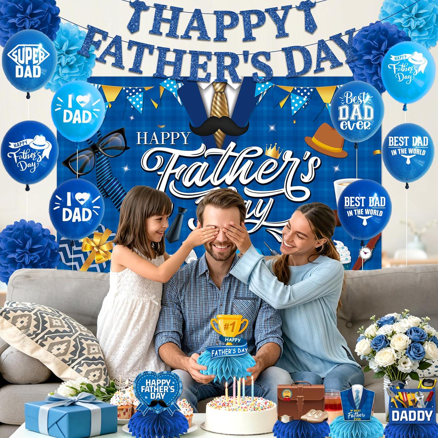 Happy Father's Day Decorations Set Banner Backdrop Balloons Hanging Swirls & Paper Pompoms