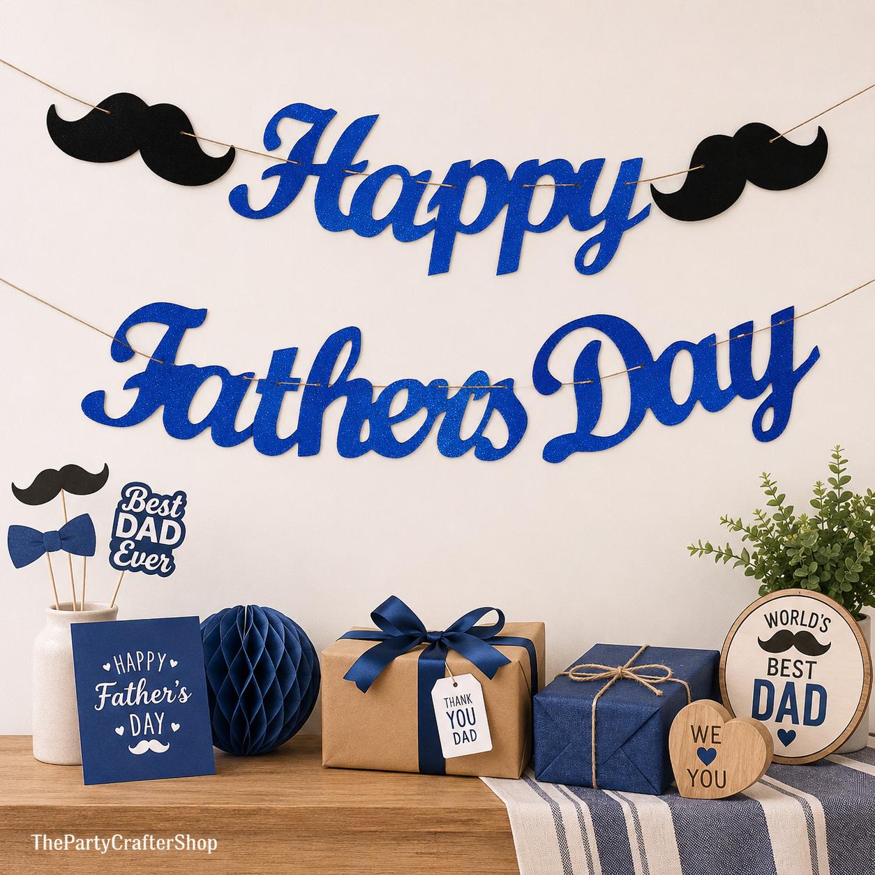 Happy Father's Day Blue Black Glitter Banner Pre-Strung Garland Decorations for Dad & Grandpa