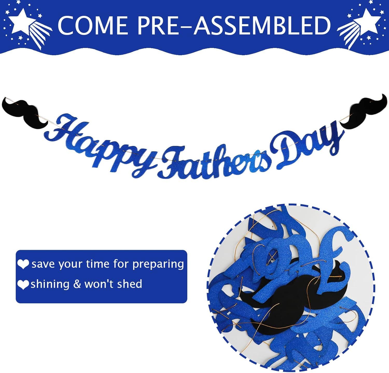 Happy Father's Day Blue Black Glitter Banner Pre-Strung Garland Decorations for Dad & Grandpa