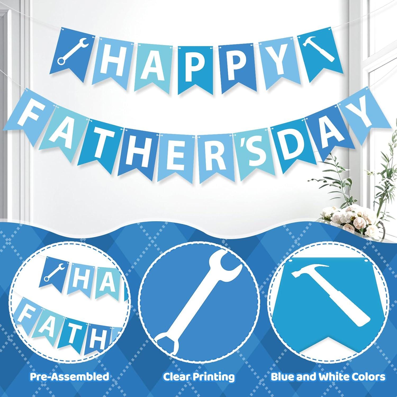 Happy Father's Day Blue White Banner Hanging Decorations for Dad Birthday Retirement Party