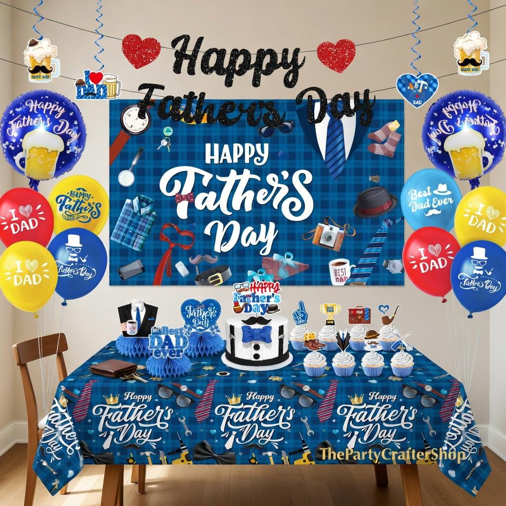 39PCS Father's Day Decorations Set Banner Backdrop Tablecloth Balloons Hanging Swirls Party Supplies