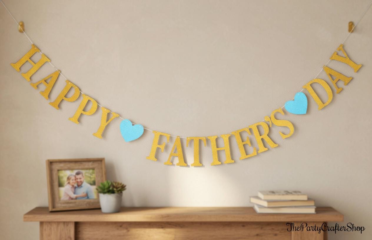Mother's Day Father's Day Banner Set Gold Heart Glitter Garland Decorations for Mom & Dad