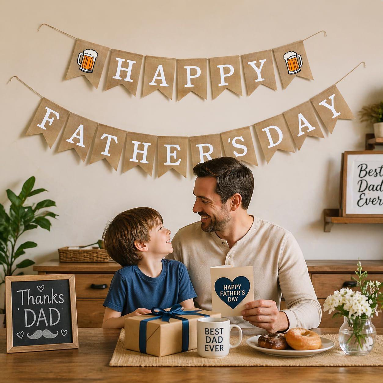 Rustic Burlap Happy Father's Day Banner with Beer Mug Pre-Strung Farmhouse Party Decorations