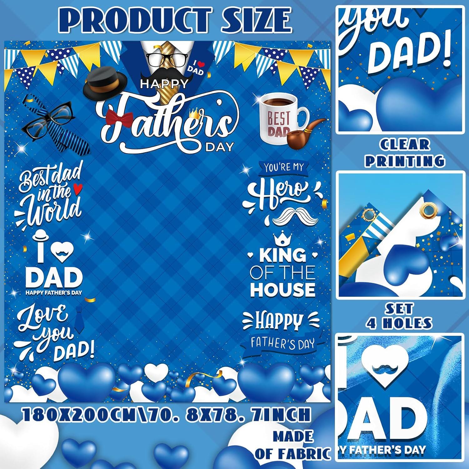 Happy Father's Day Large Photo Backdrop Banner Blue Tie Hat Party Decorations for Dad