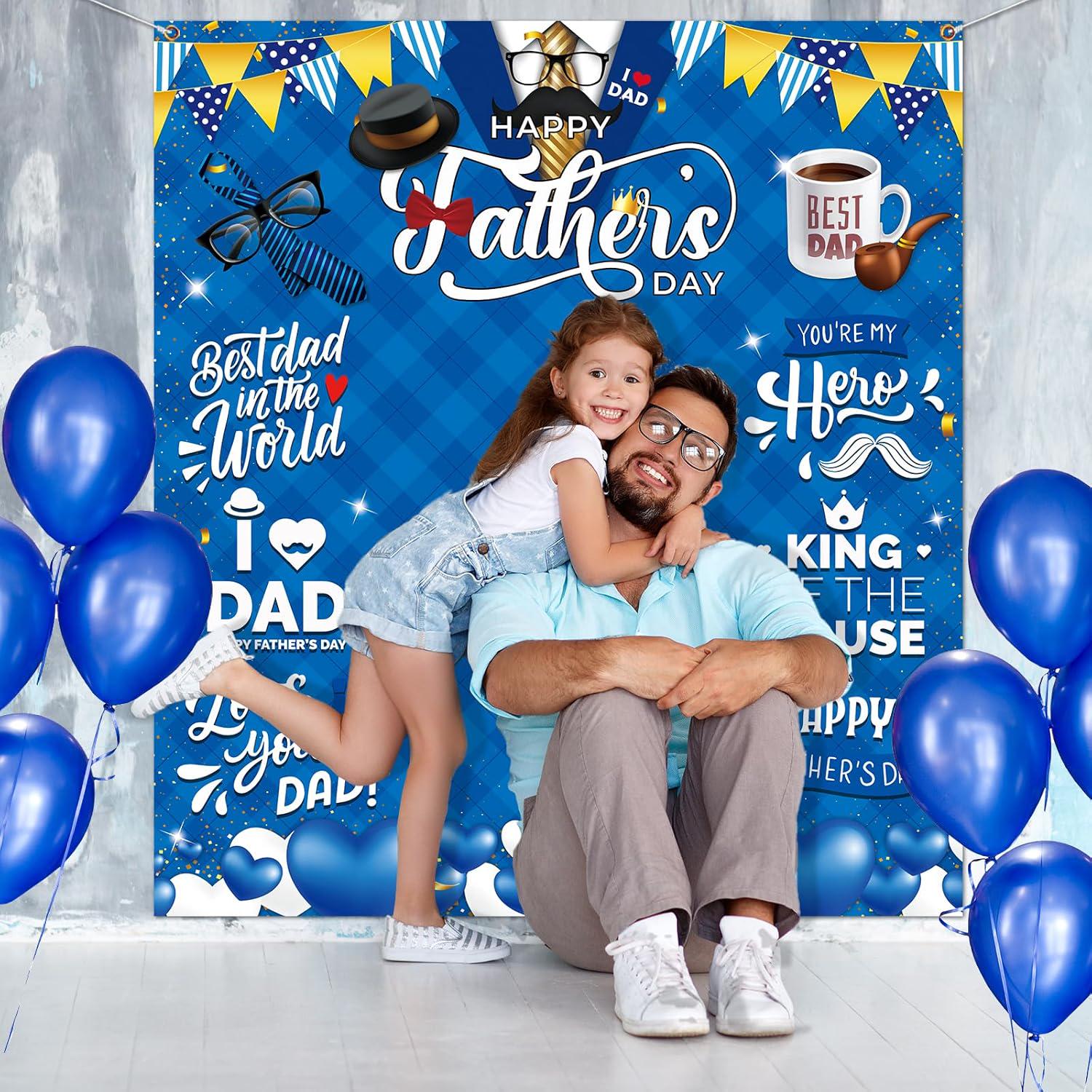 Happy Father's Day Large Photo Backdrop Banner Blue Tie Hat Party Decorations for Dad