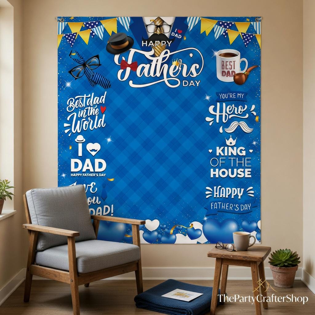 Happy Father's Day Large Photo Backdrop Banner Blue Tie Hat Party Decorations for Dad