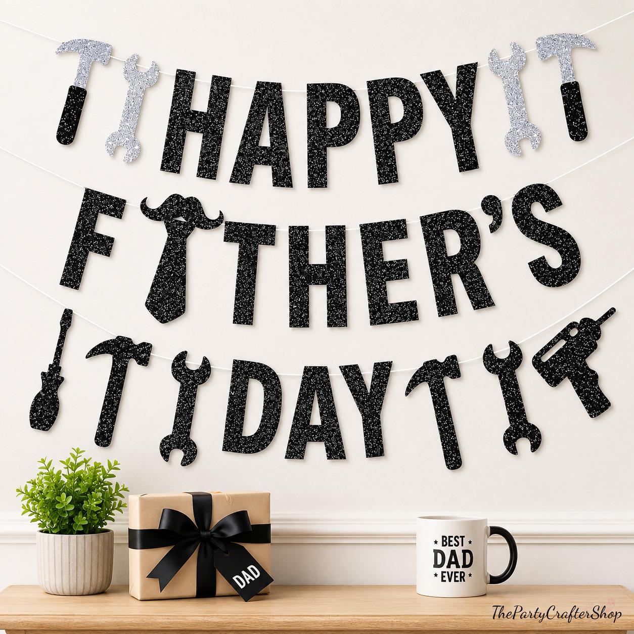 Black Glitter Happy Father's Day Banner Garland Party Decorations for Dad Celebration