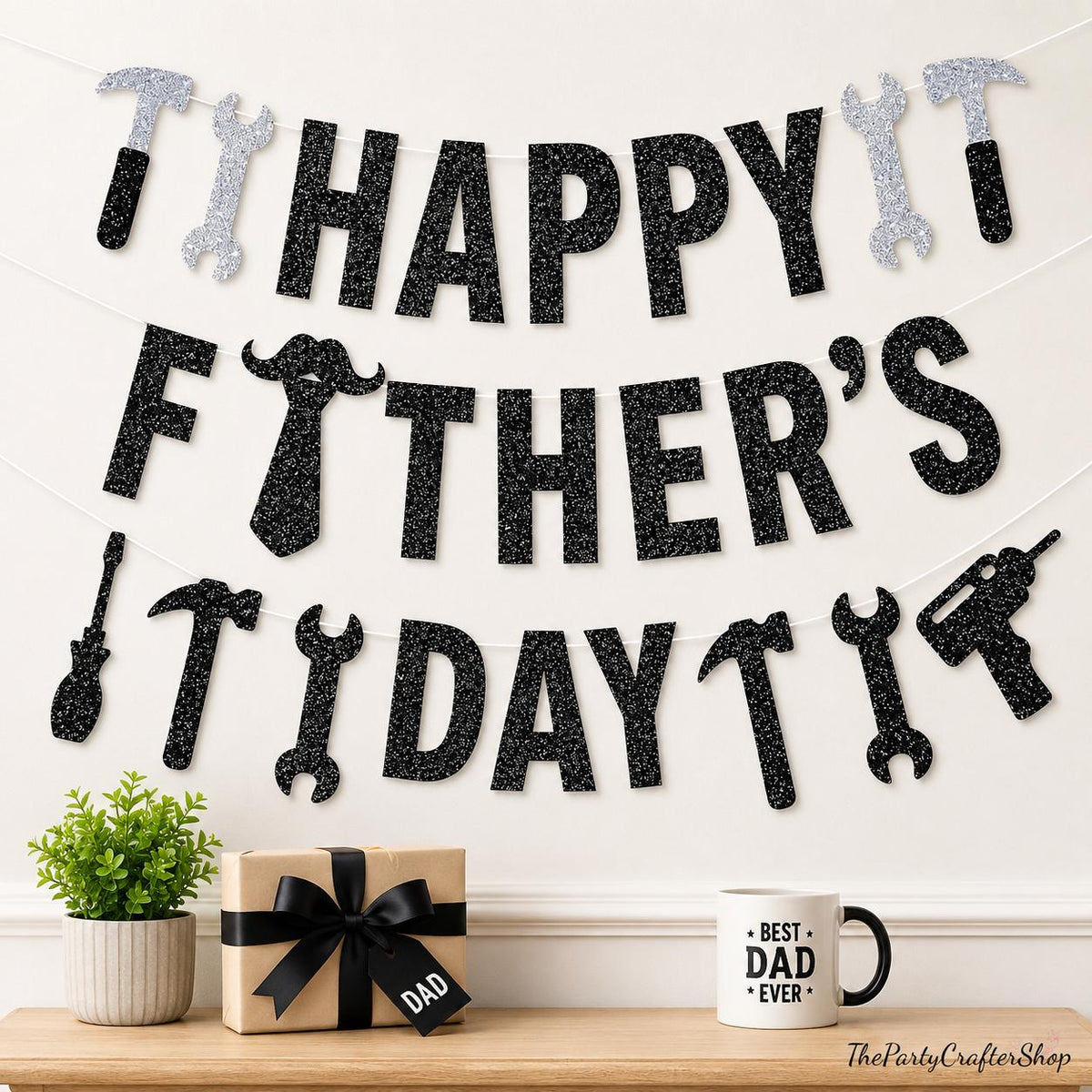 Black Glitter Happy Father's Day Banner Garland Party Decorations for Dad Celebration