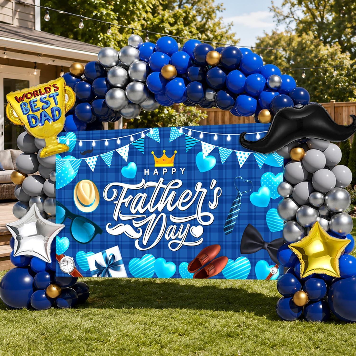 Happy Father's Day Balloon Garland Arch Kit with Backdrop Banner – Navy, Silver, Gold