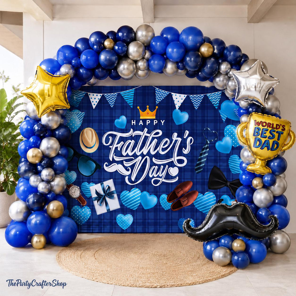 Happy Father's Day Balloon Garland Arch Kit with Backdrop Banner – Navy, Silver, Gold