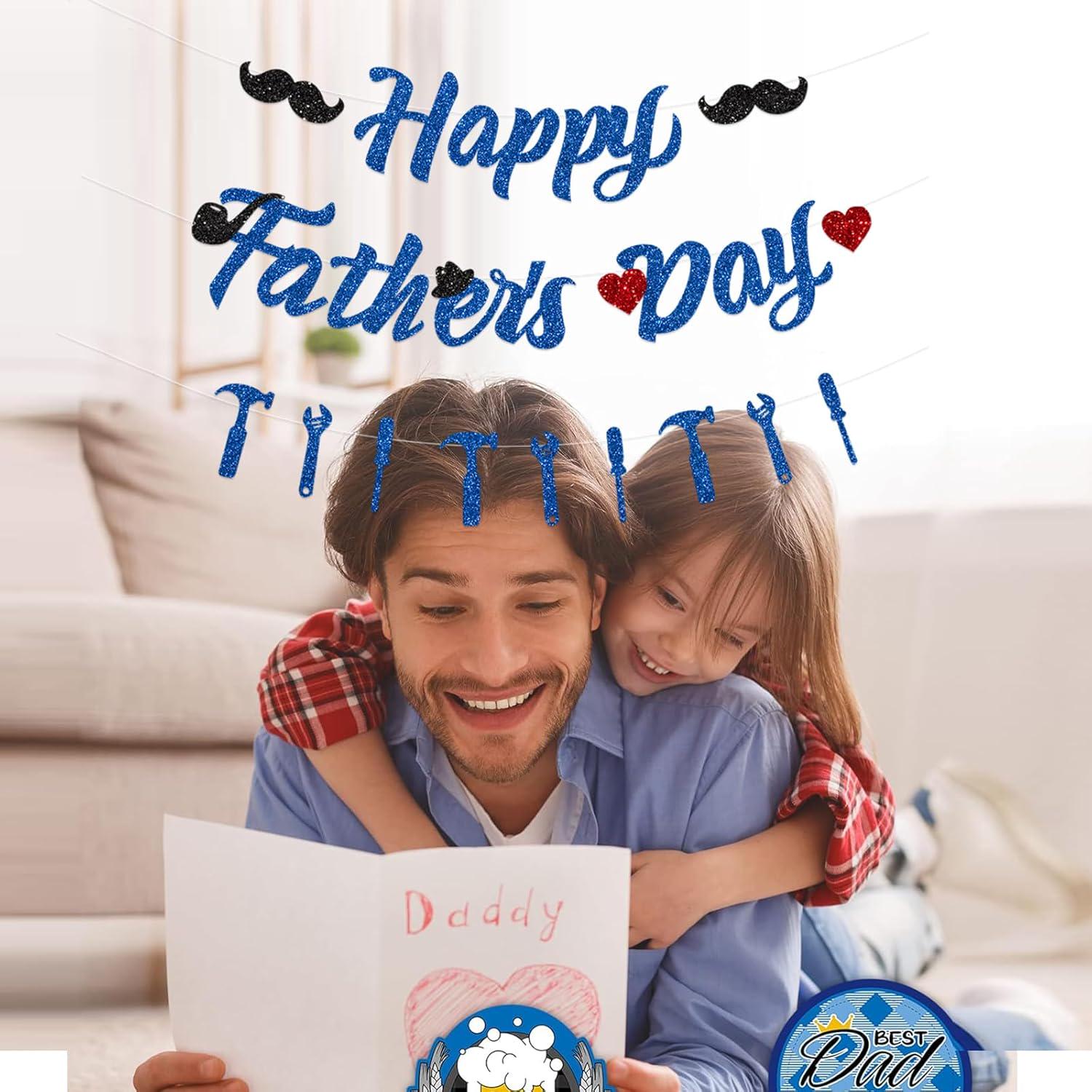Glitter Happy Father's Day Blue Banner Garland Decorations for Dad & Papa Party Supplies