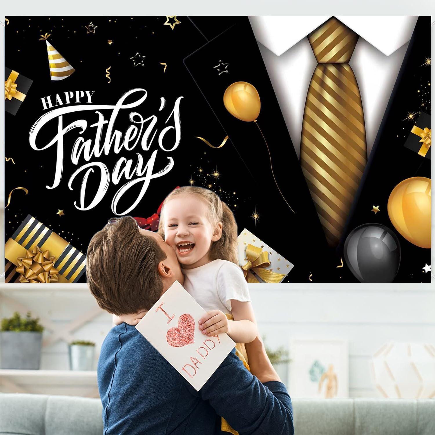 Happy Father's Day Black Gold Tuxedo Tie Backdrop Banner 71x43 Inch Party Decorations