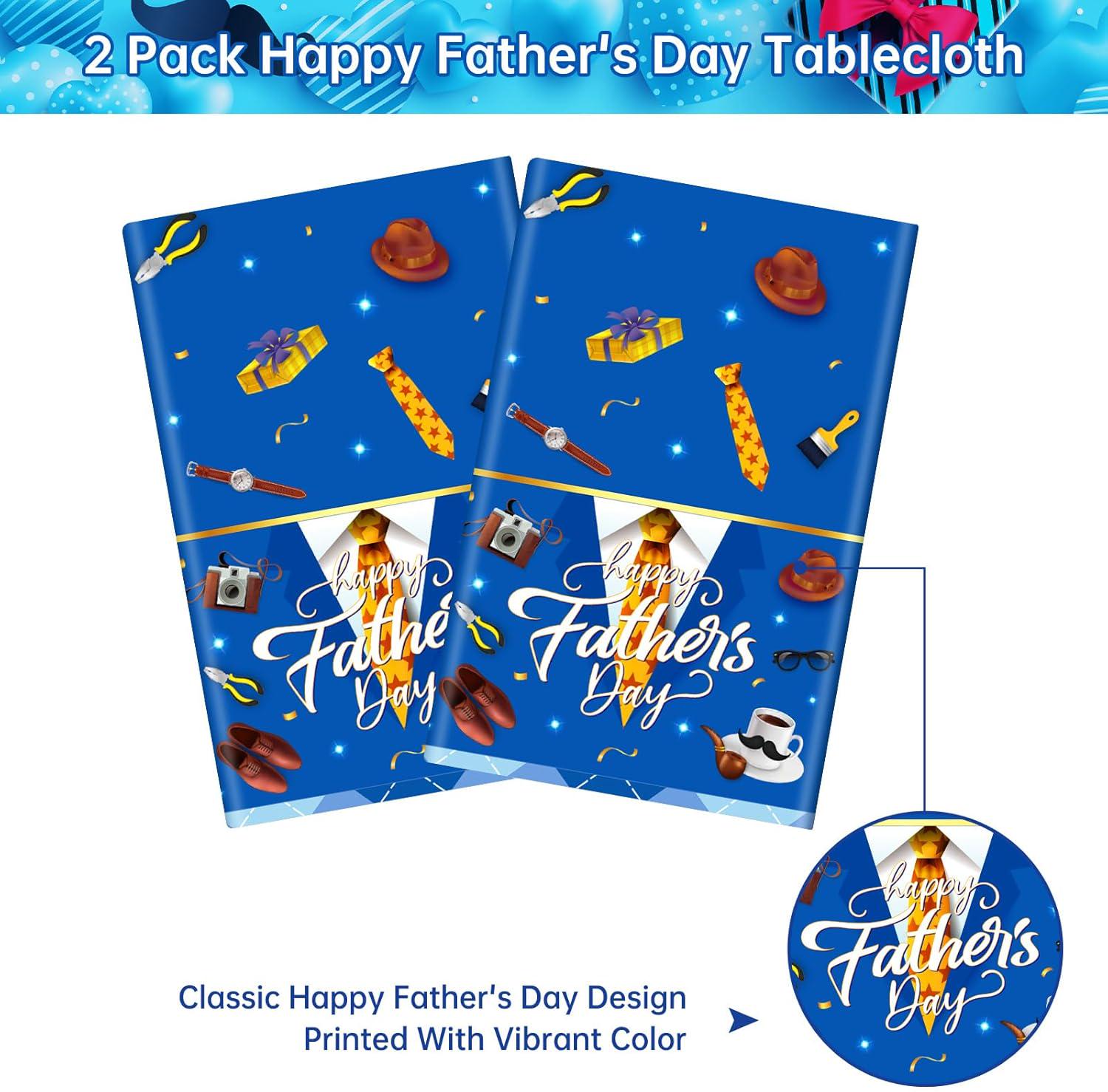 2 Pack Happy Father's Day Tablecloths 108x54 Inch Blue Disposable Party Table Covers
