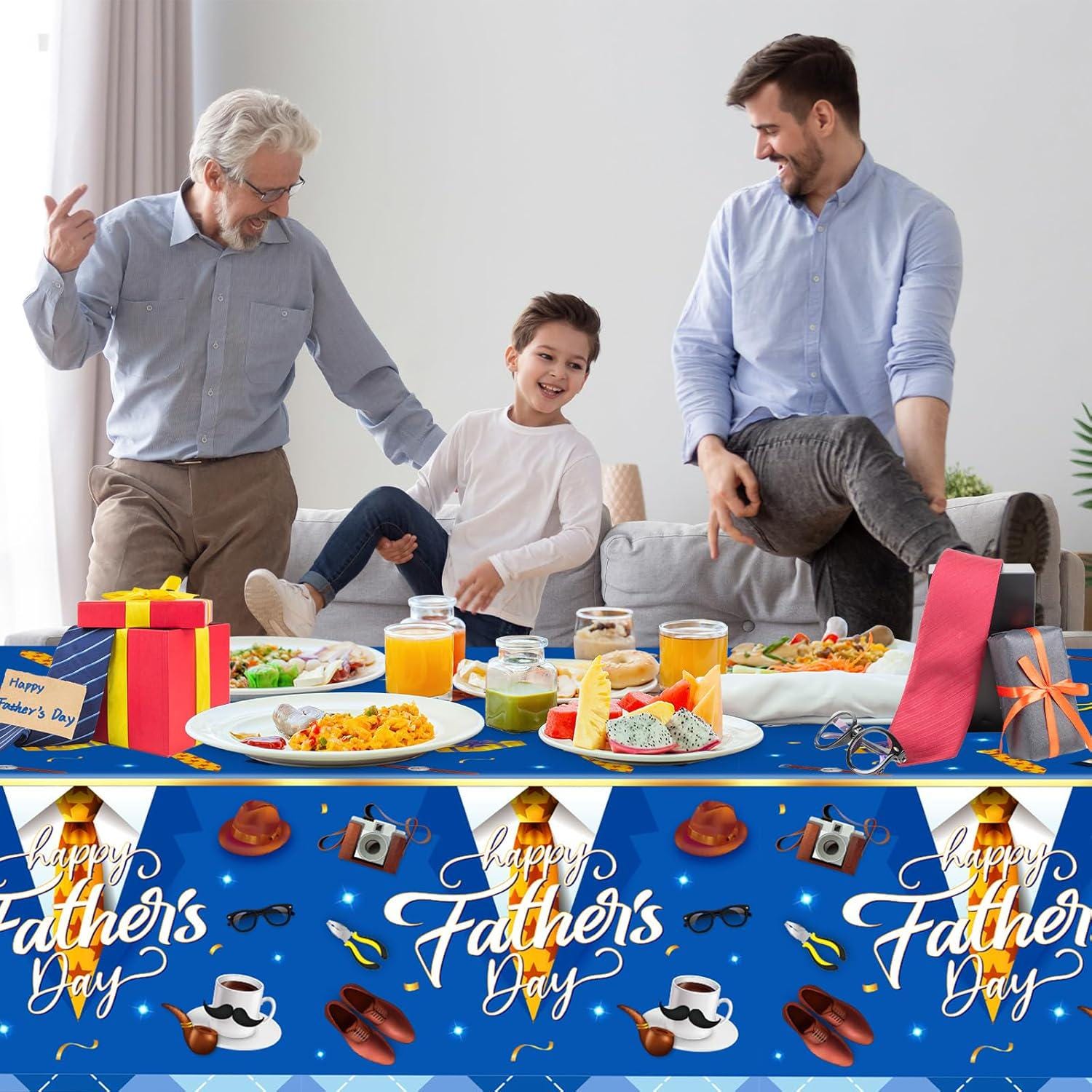 2 Pack Happy Father's Day Tablecloths 108x54 Inch Blue Disposable Party Table Covers
