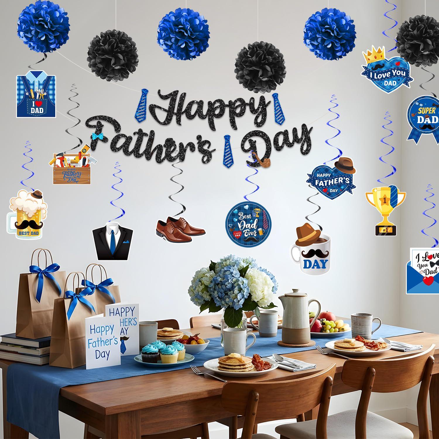 19PCS Father's Day Decorations Set Blue Black Pre-Assembled Banner Hanging Party Supplies