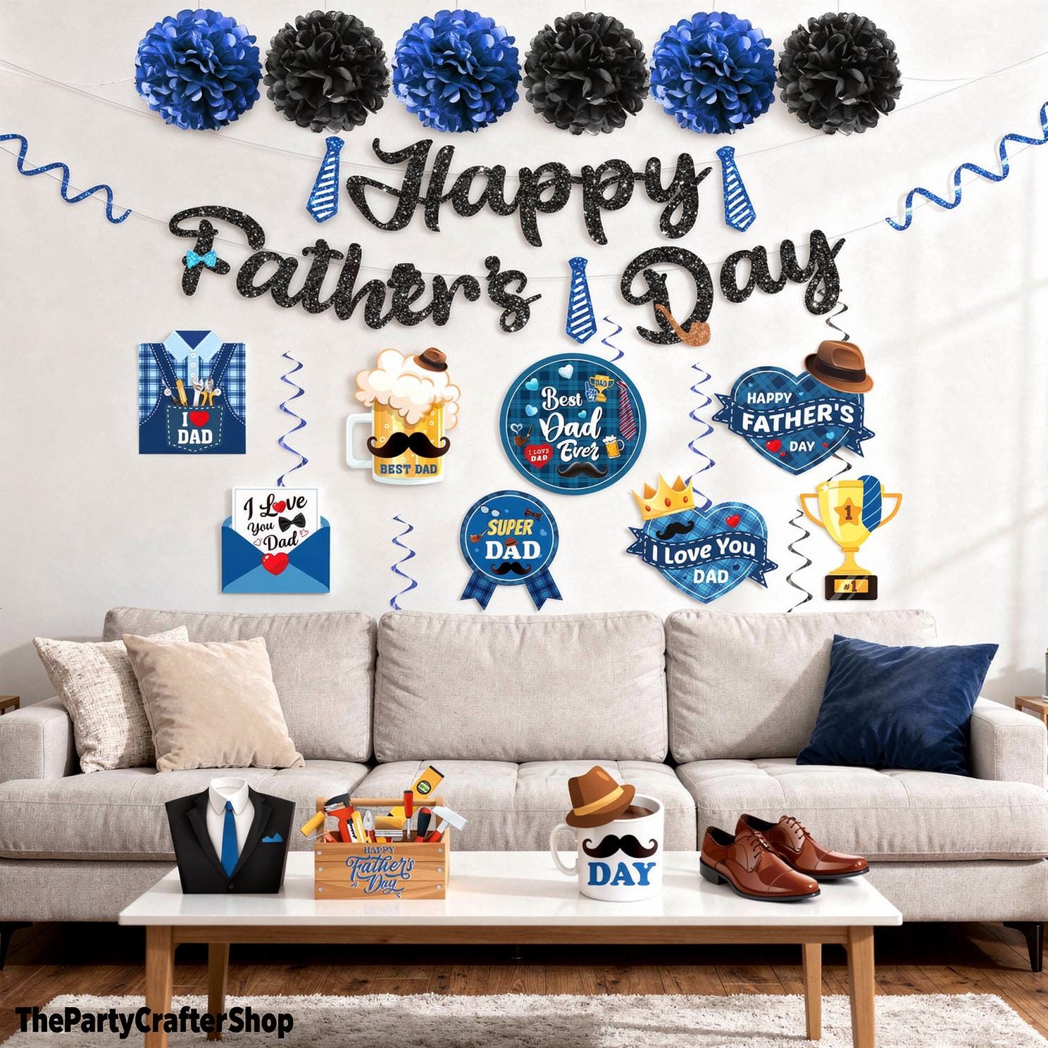 19PCS Father's Day Decorations Set Blue Black Pre-Assembled Banner Hanging Party Supplies