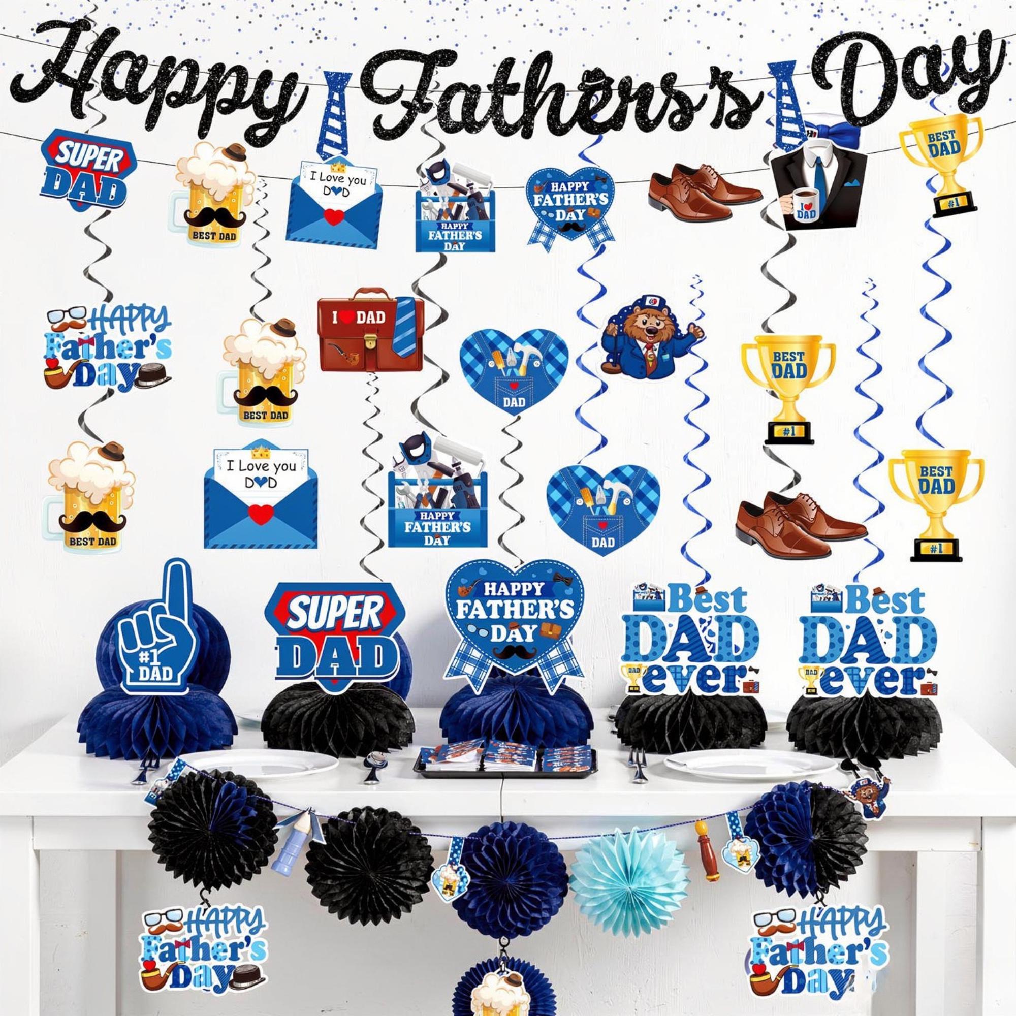 23PCS Father's Day Decorations Set Pre-Assembled Banner Hanging Swirls Honeycomb Centerpieces