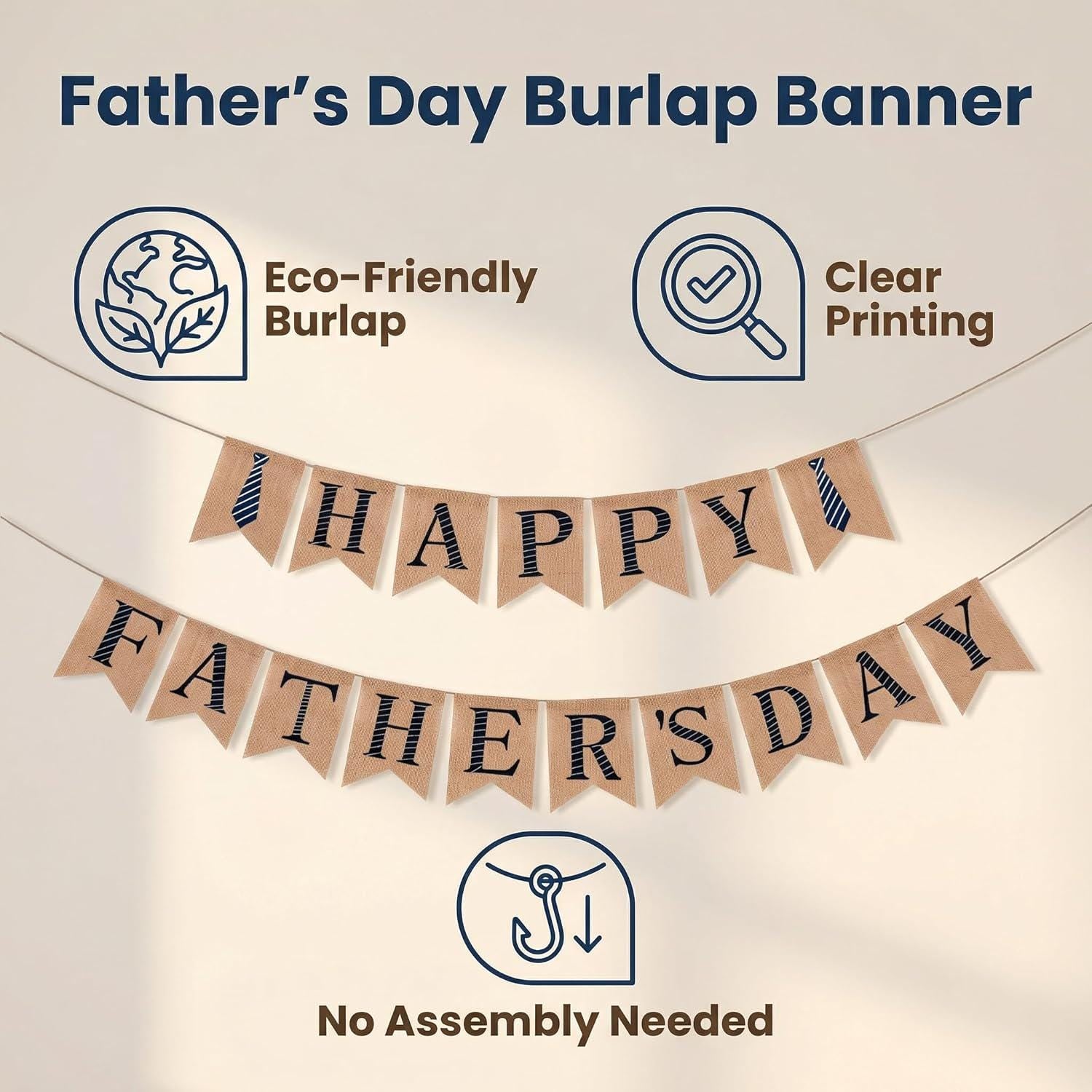 Rustic Burlap Happy Father's Day Banner with Tie Design Party Backdrop Decorations for Dad