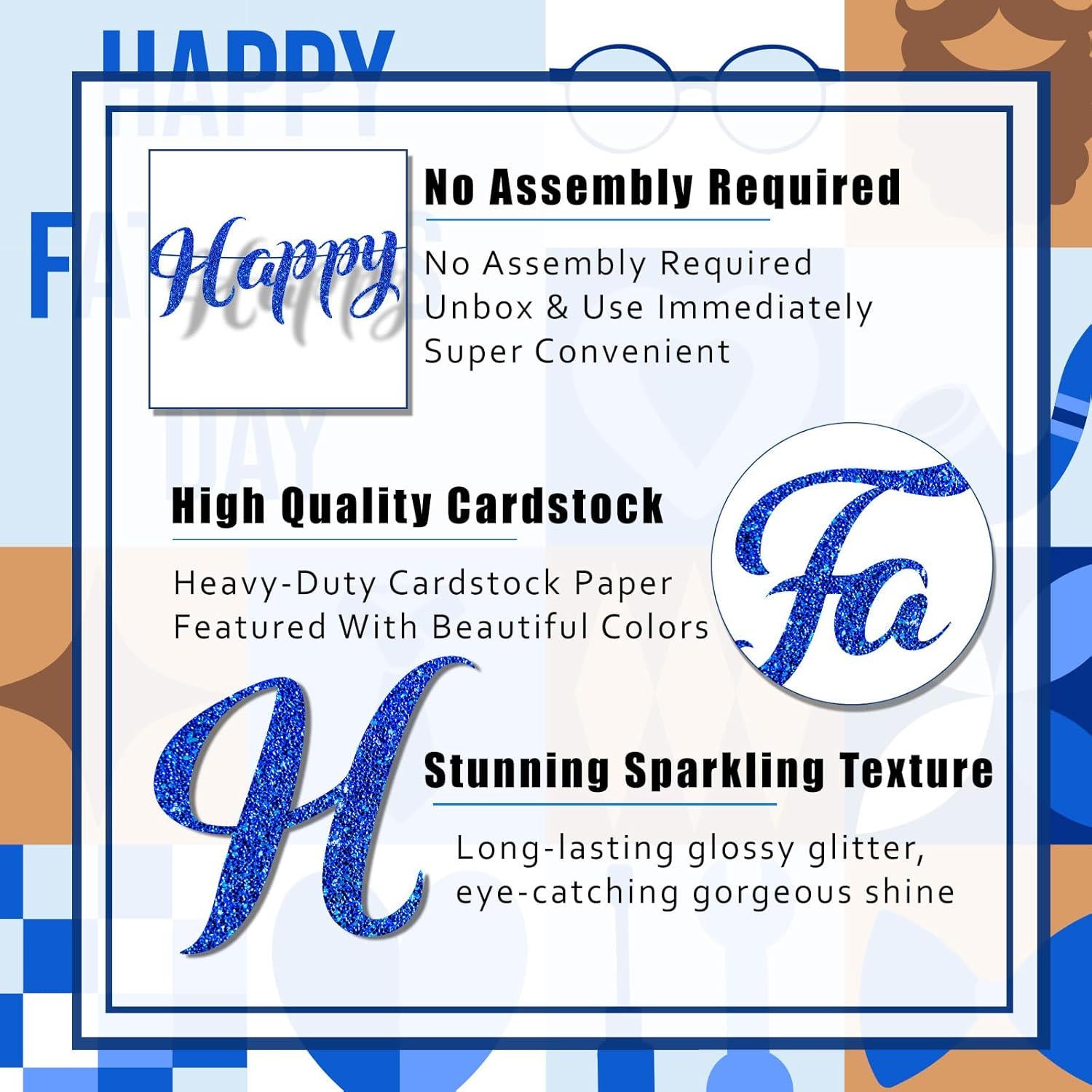 Happy Father's Day Blue Glitter Banner Backdrop Decorations for Home Office Classroom Party
