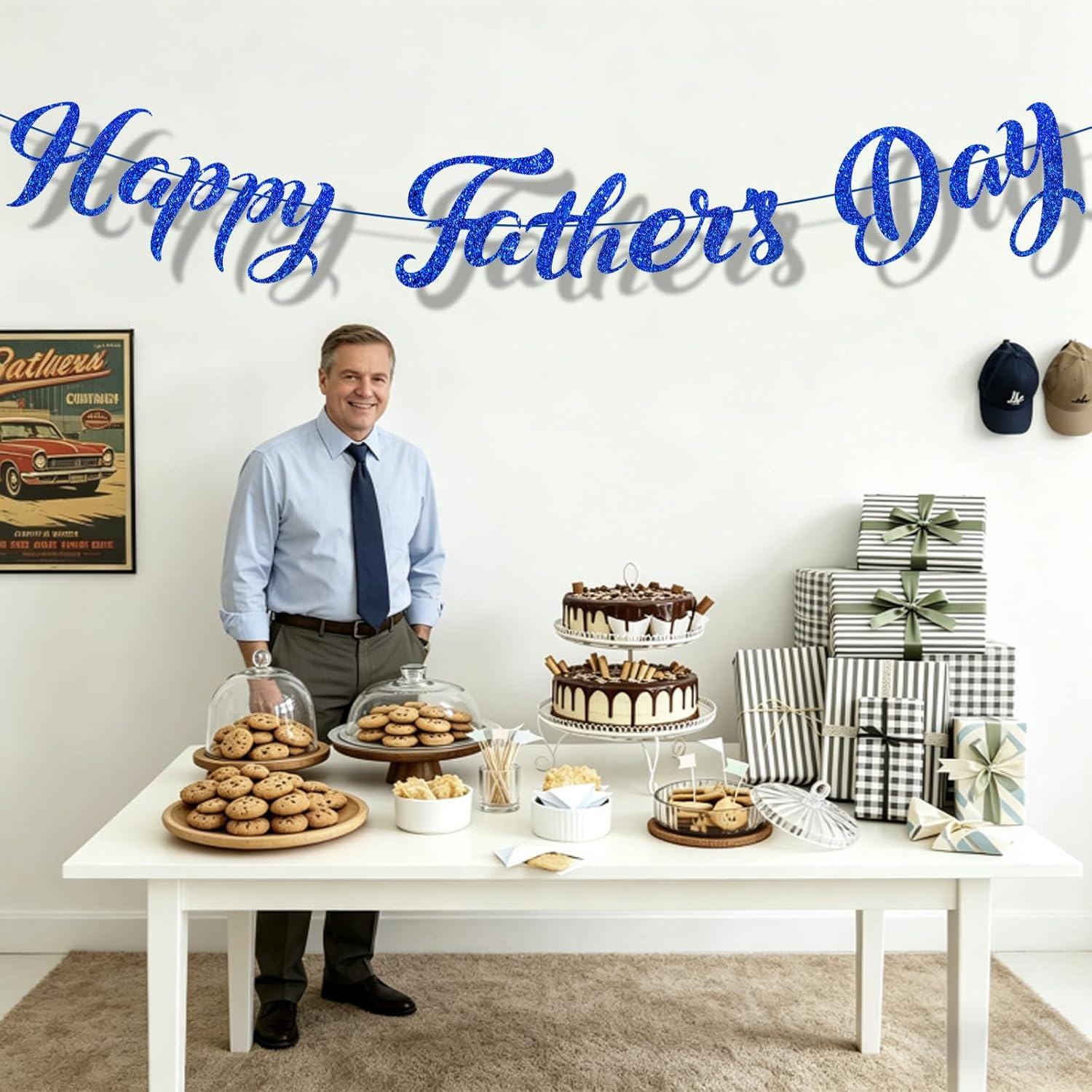 Happy Father's Day Blue Glitter Banner Backdrop Decorations for Home Office Classroom Party