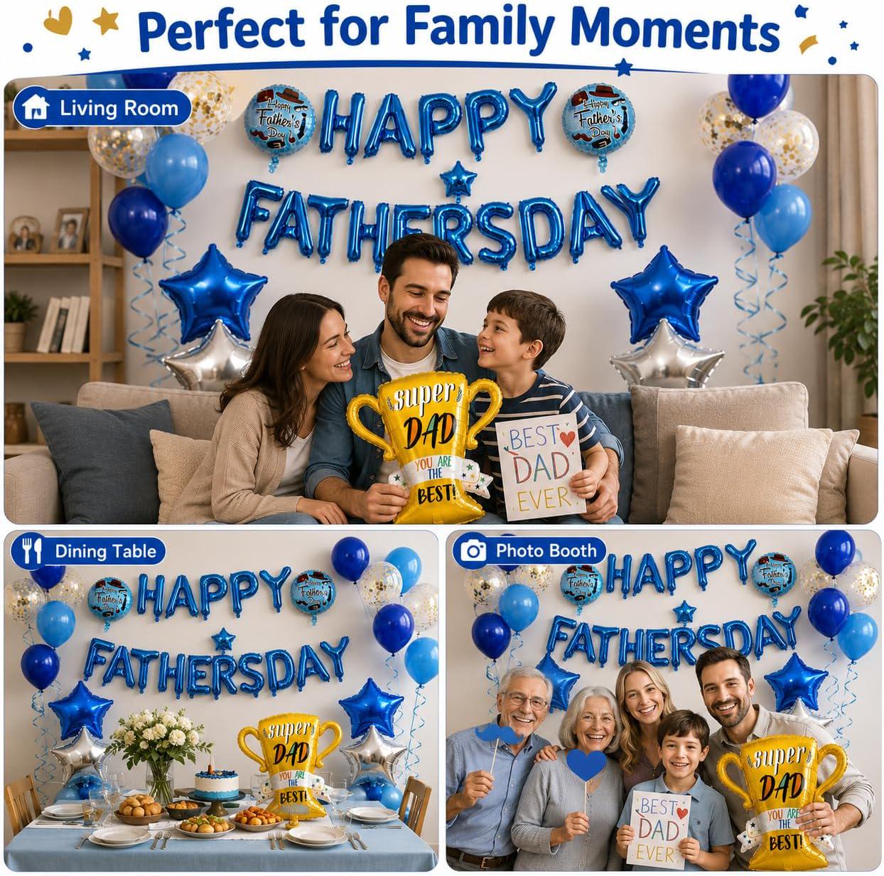 41PCS Father's Day Decorations Set Super Dad Trophy Balloon Banner Blue Theme Party Supplies