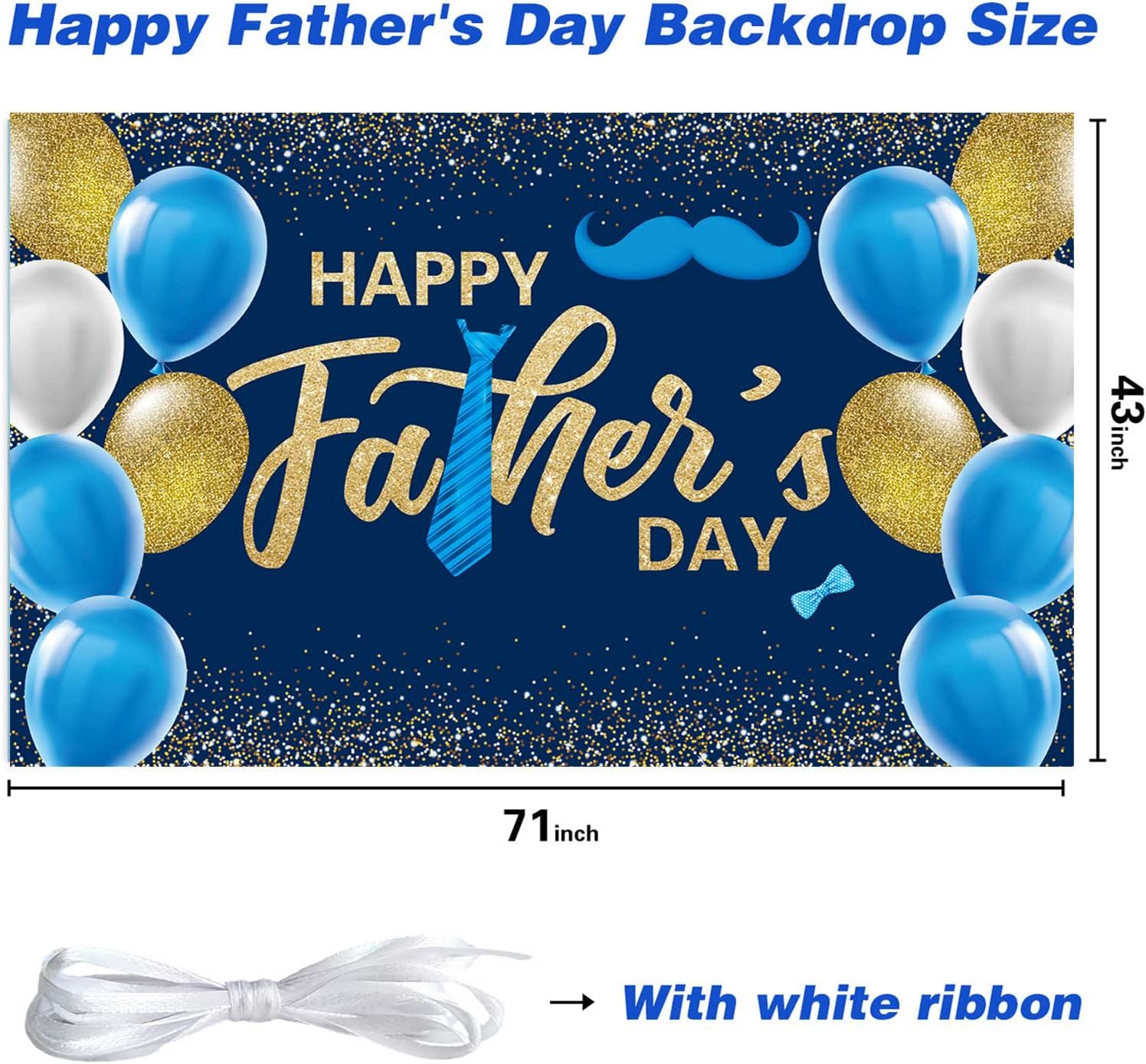 Happy Father's Day Backdrop Banner with Gold Balloons 71x43 Inch Blue Party Decorations