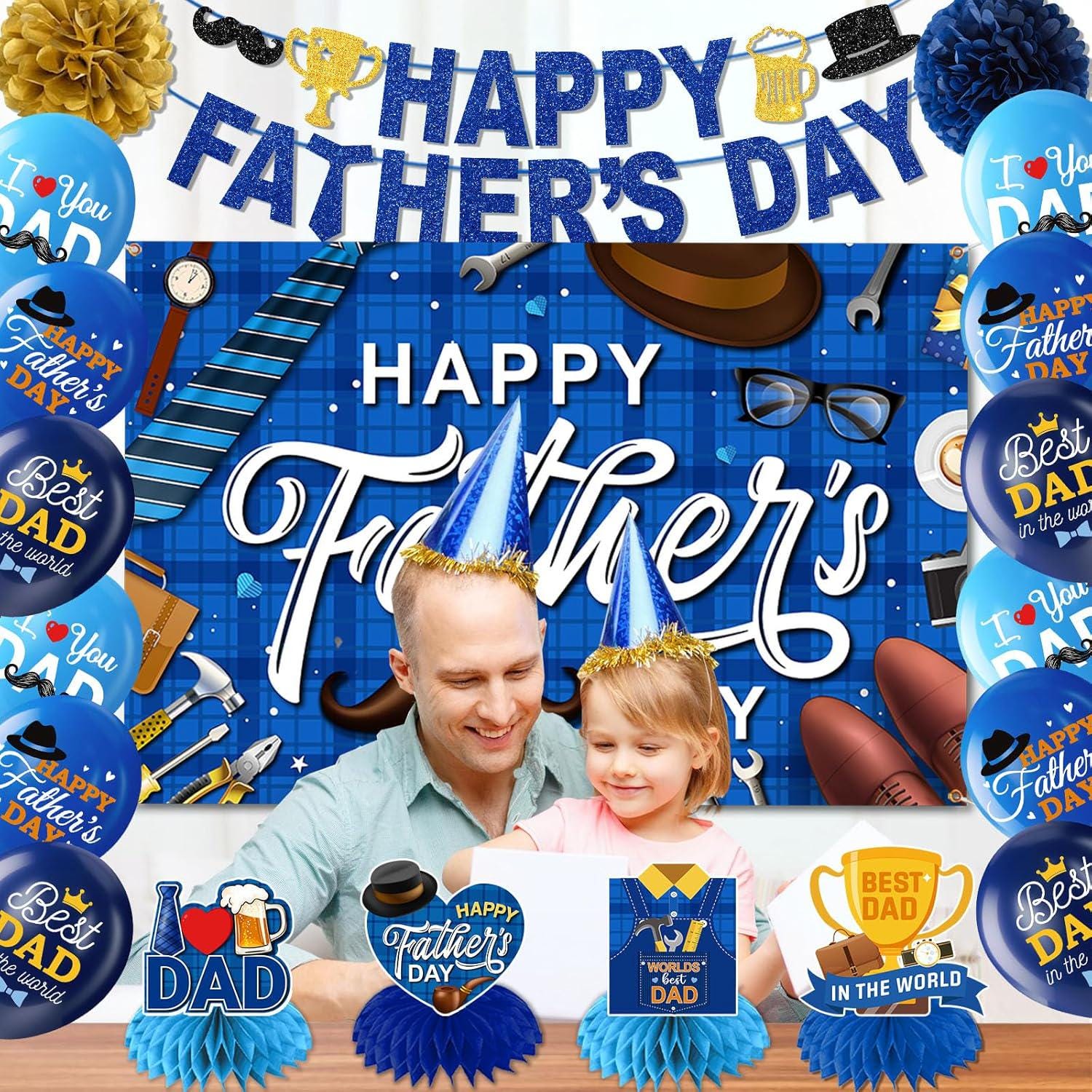 Father's Day Decorations Set Banner Backdrop Balloons Honeycombs Swirls Cake Topper Party Supplies