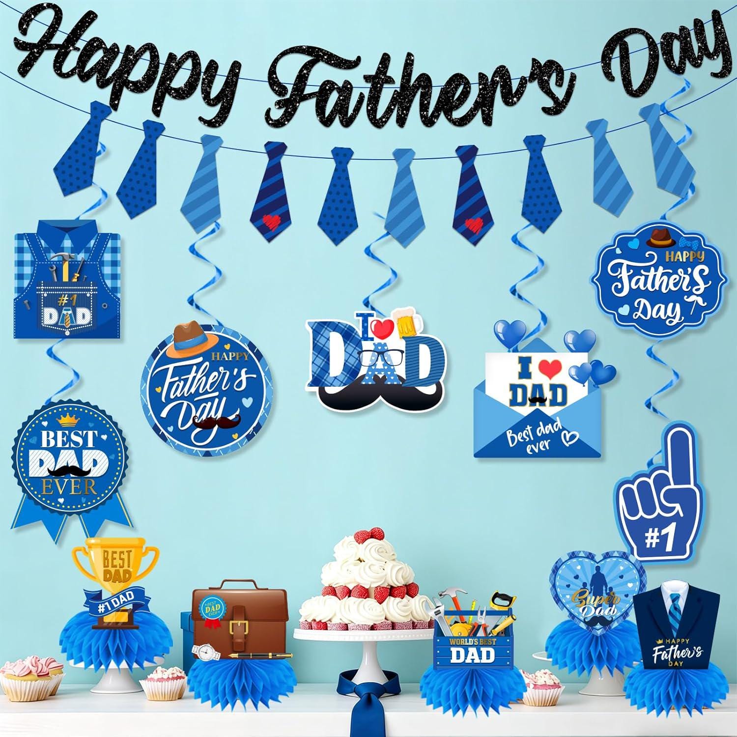 Father's Day Decorations Set: Banner, Bow Tie Garland, Honeycomb Centerpieces