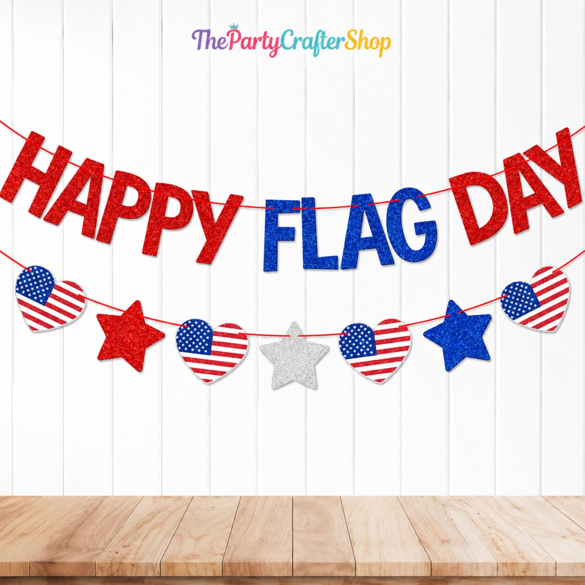 Happy Flag Day Banner | June 14 Patriotic Glitter Garland | Red White Blue Party Decor