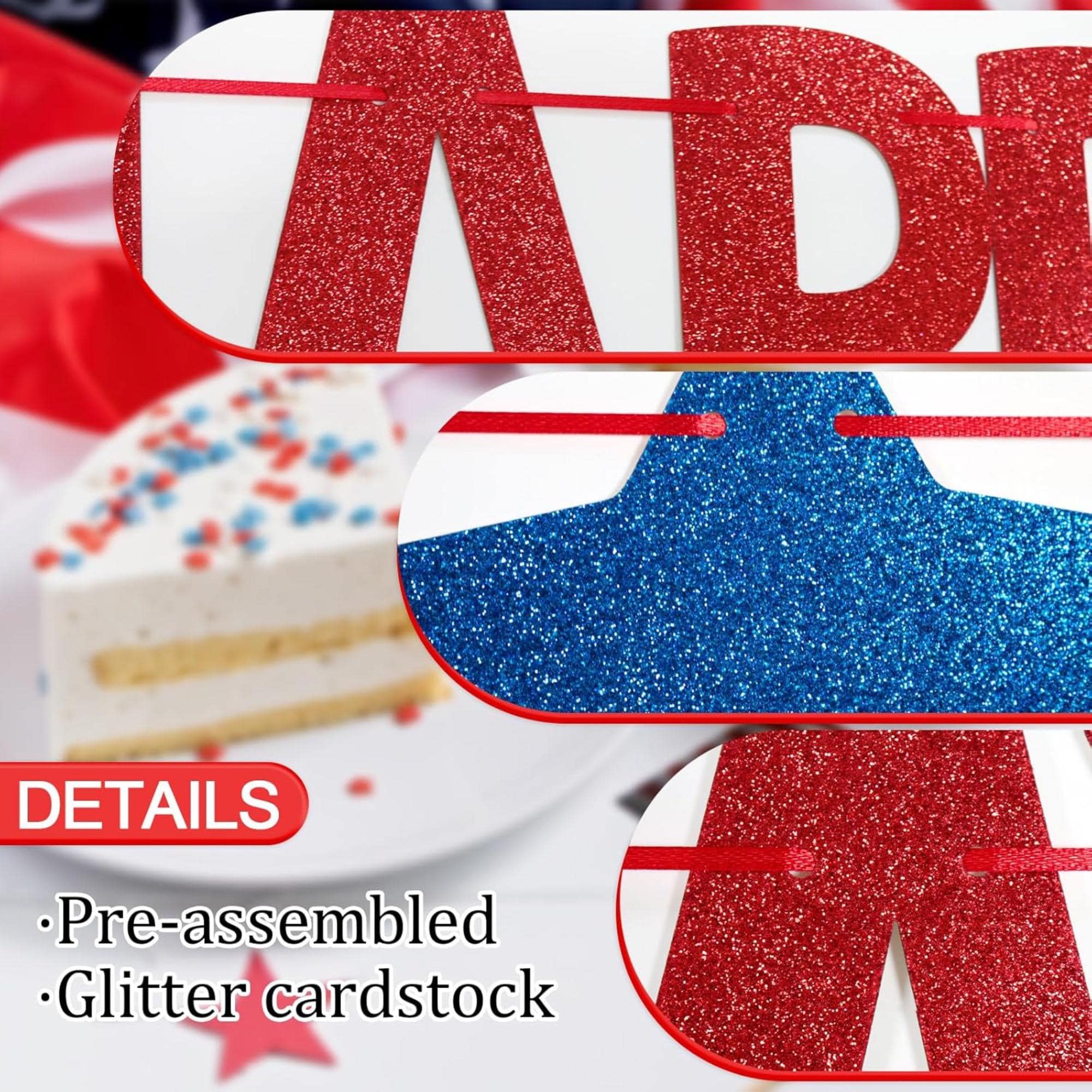 Happy Flag Day Banner | June 14 Patriotic Glitter Garland | Red White Blue Party Decor