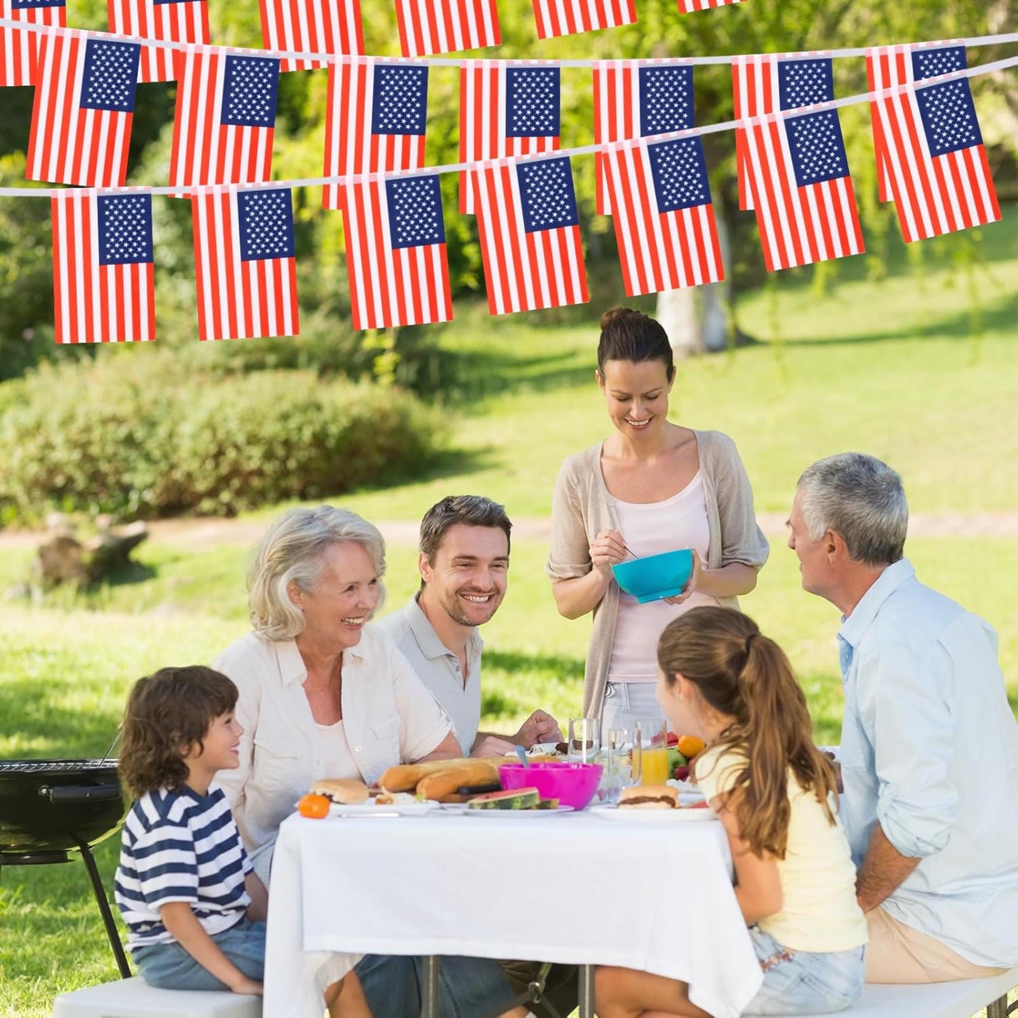 American Flag Banner, 30 Mini USA Flags, 33 Ft Patriotic Garland, 4th July Party
