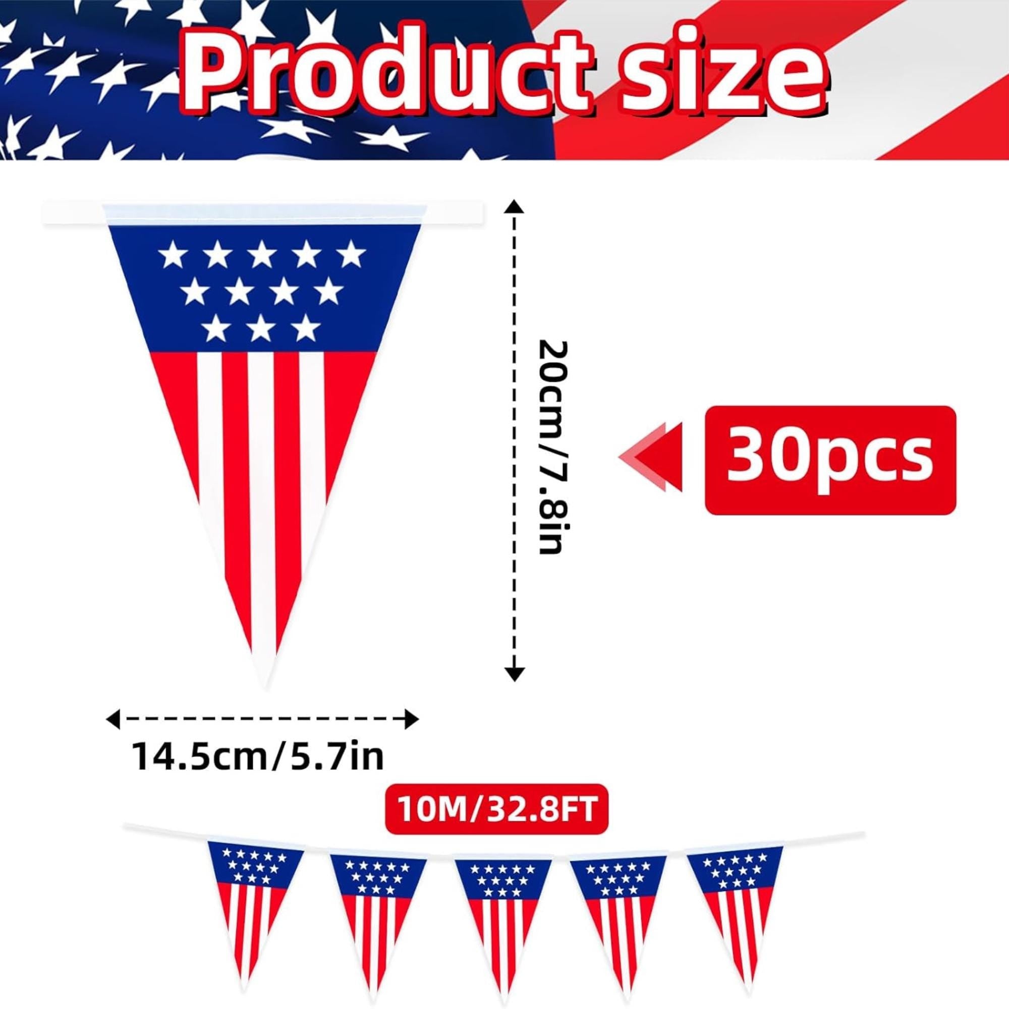 American Triangle Pennant Banner | 30 Mini USA Bunting Flags, Patriotic Decor