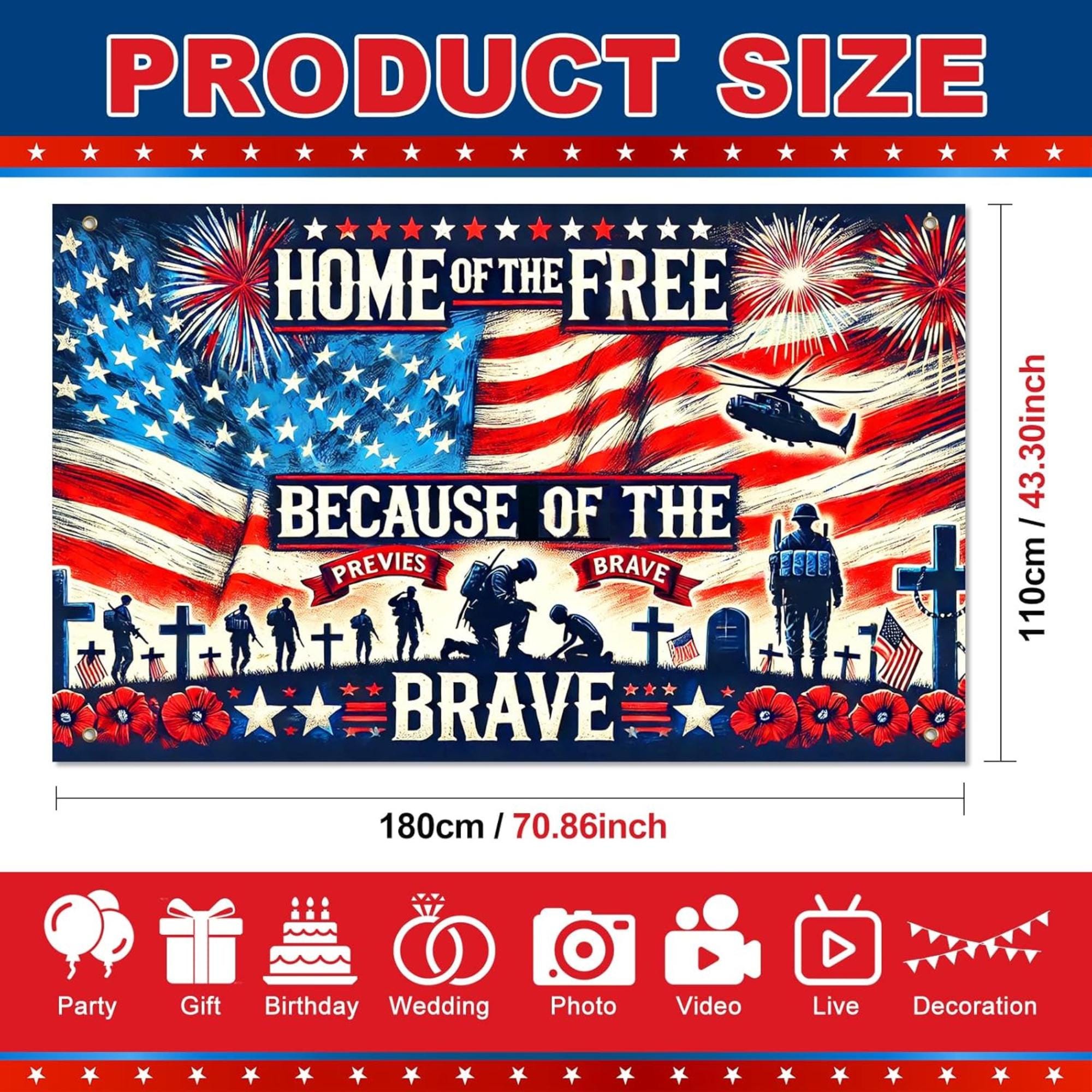 Patriotic Banner Backdrop | Home of the Free Because of the Brave Decor