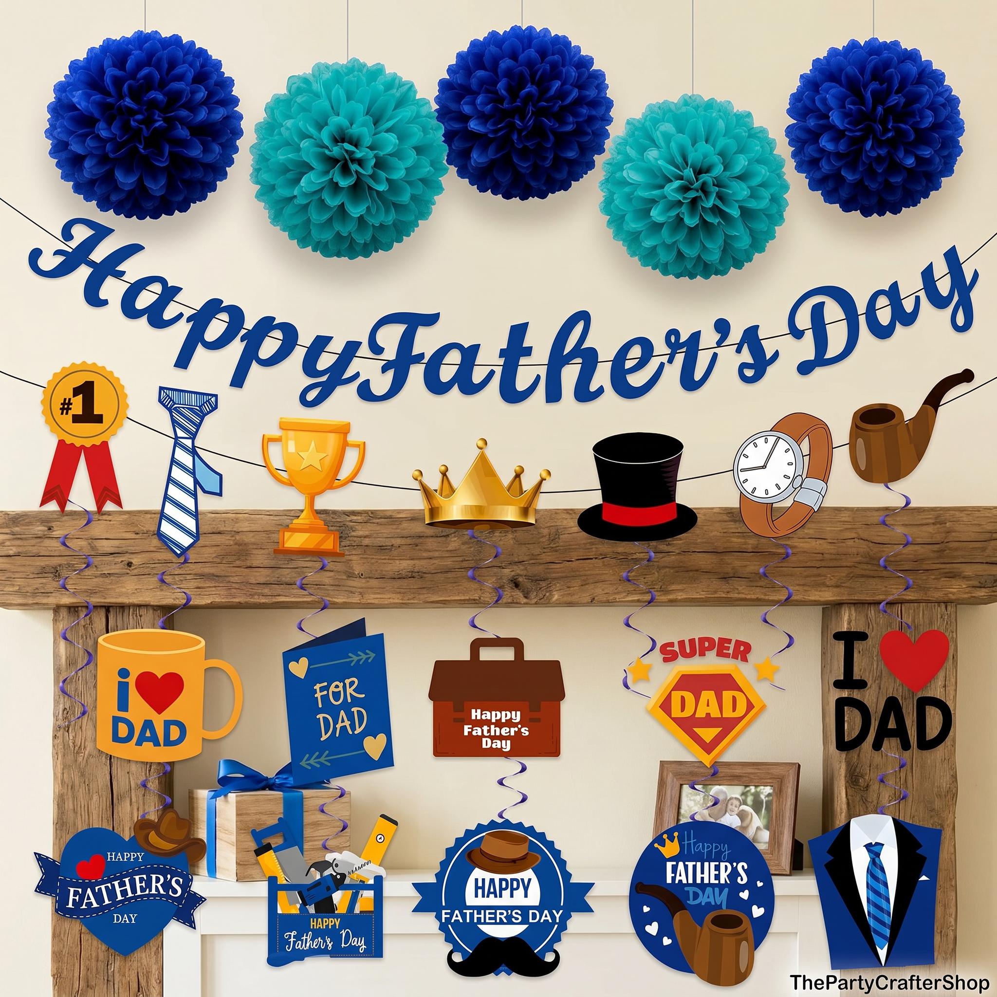 Father's Day Party Decorations Set: Banner, Swirls, Blue Pom Poms for Dad
