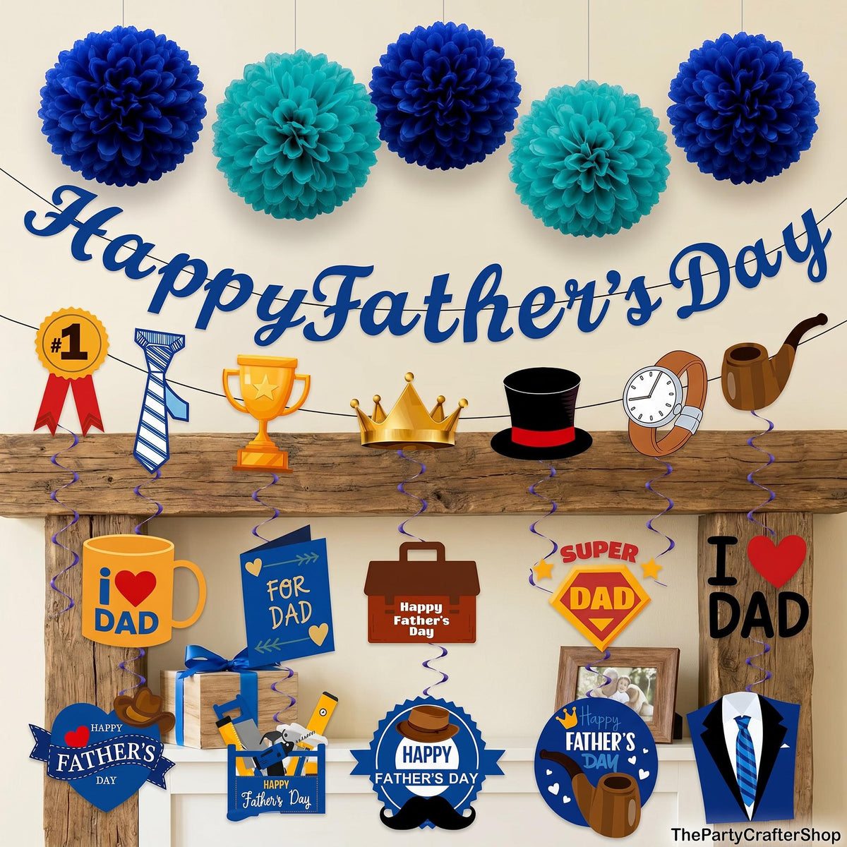 Father's Day Party Decorations Set: Banner, Swirls, Blue Pom Poms for Dad