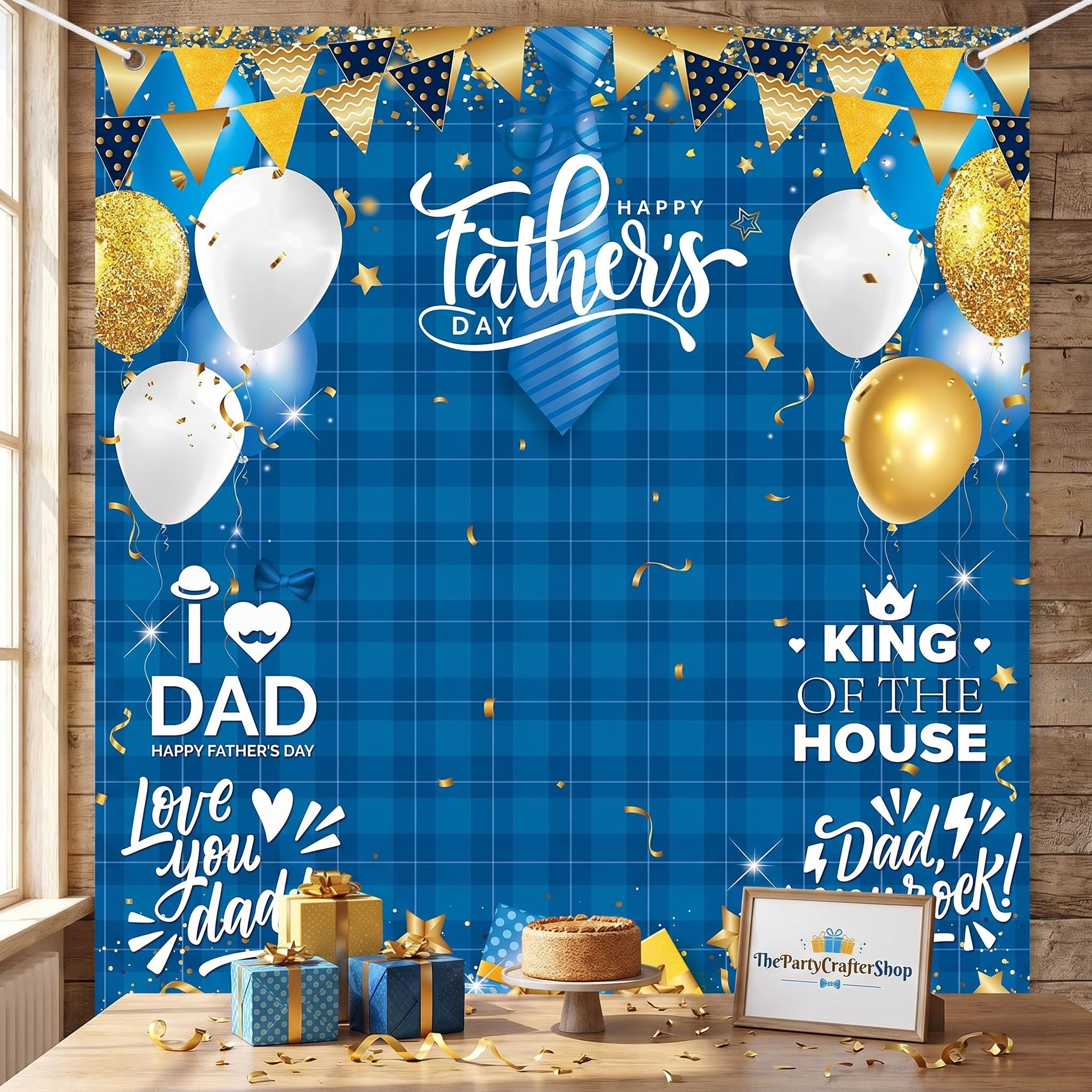 Happy Father's Day Blue Grid Photo Booth Backdrop Banner (71x78 Inch) Party Decorations