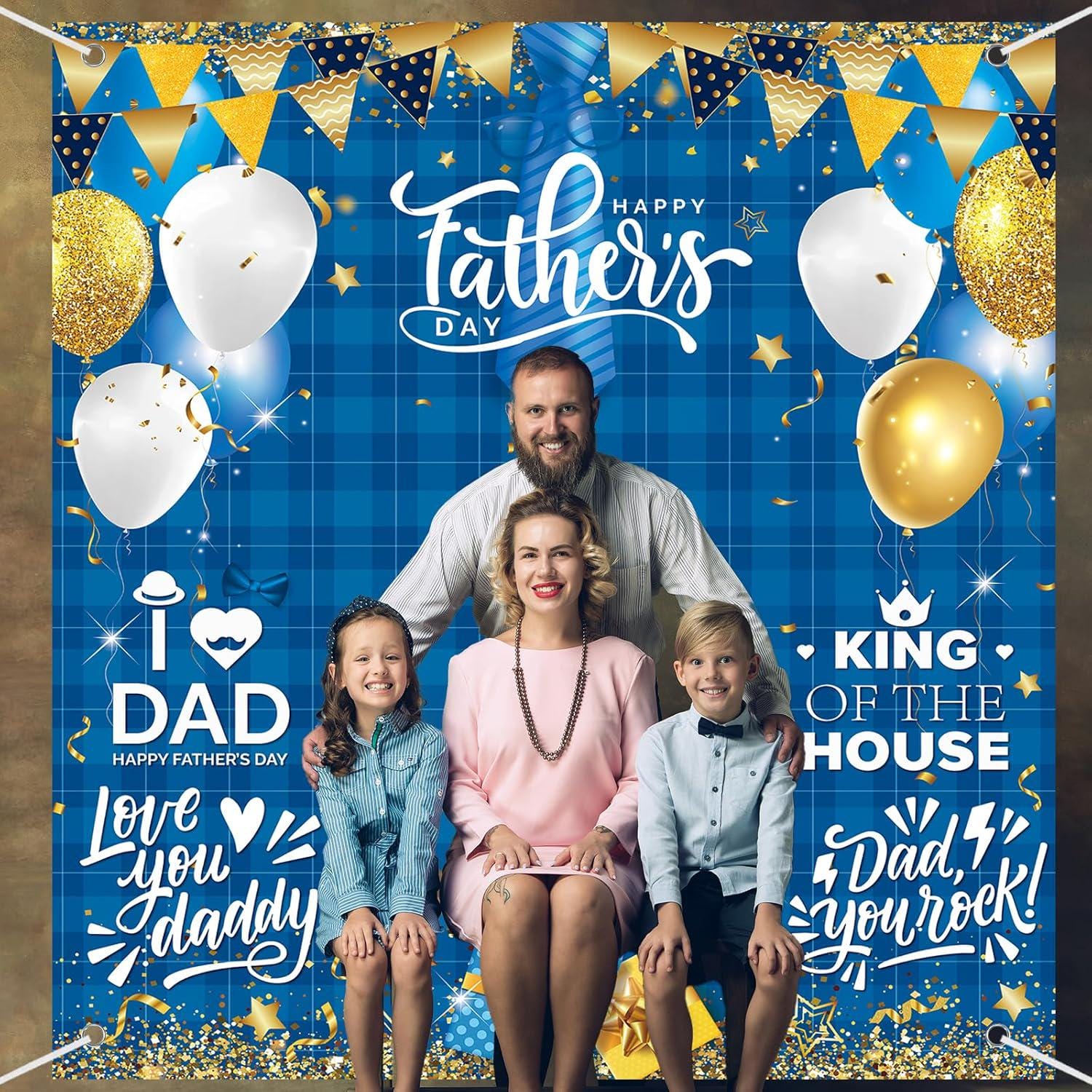 Happy Father's Day Blue Grid Photo Booth Backdrop Banner (71x78 Inch) Party Decorations